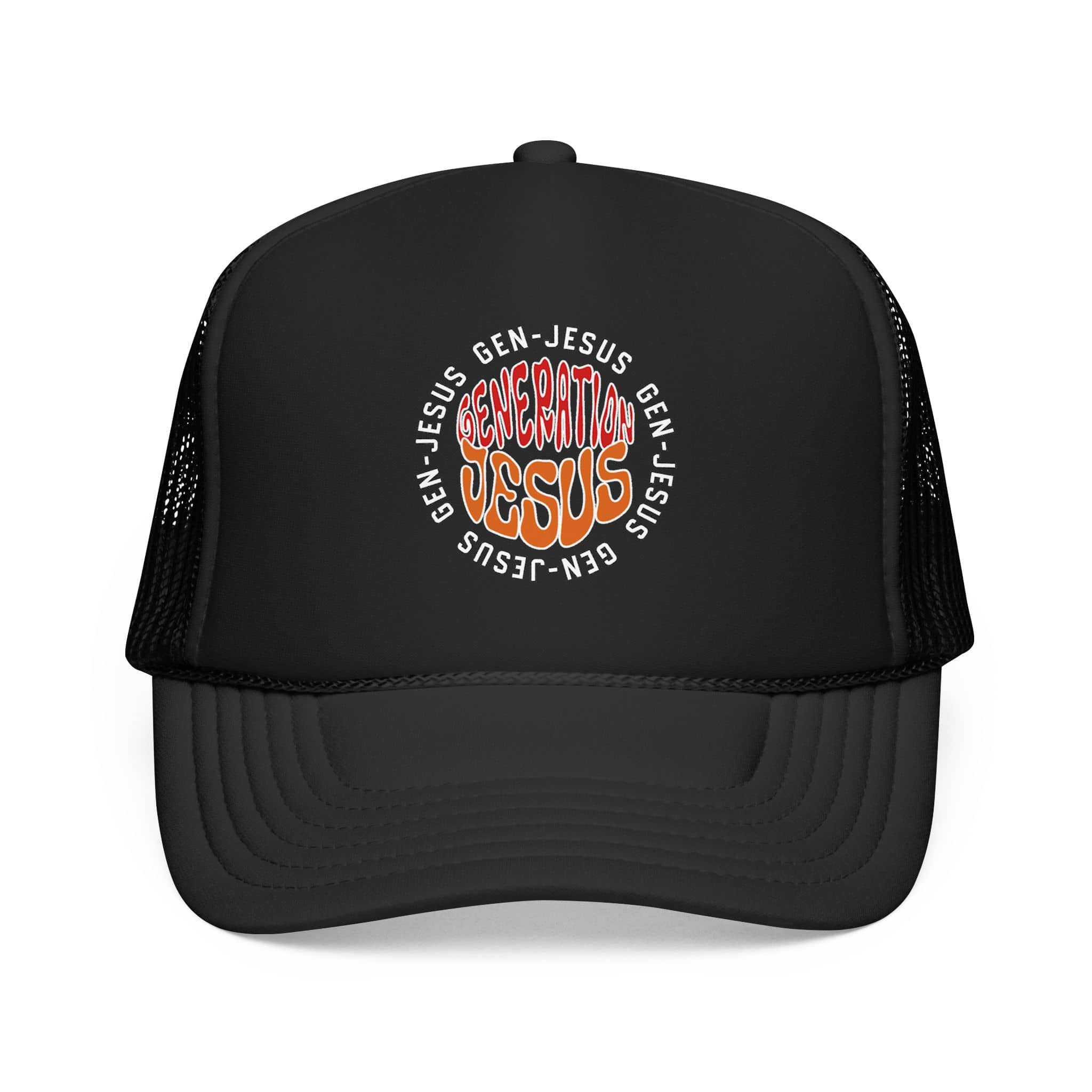 Generation Jesus Trucker Hat Red Orange with a circular graphic design on the front