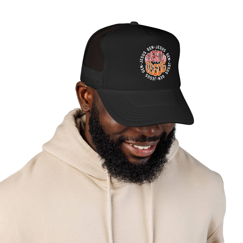 Generation Jesus Trucker Hat Red Orange with inspirational phrase, shown from the front