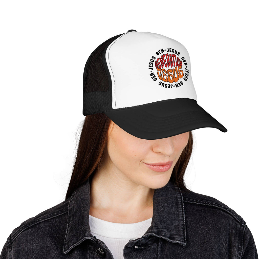 Generation Jesus Trucker Hat Red Orange with scripture on front, viewed from the front