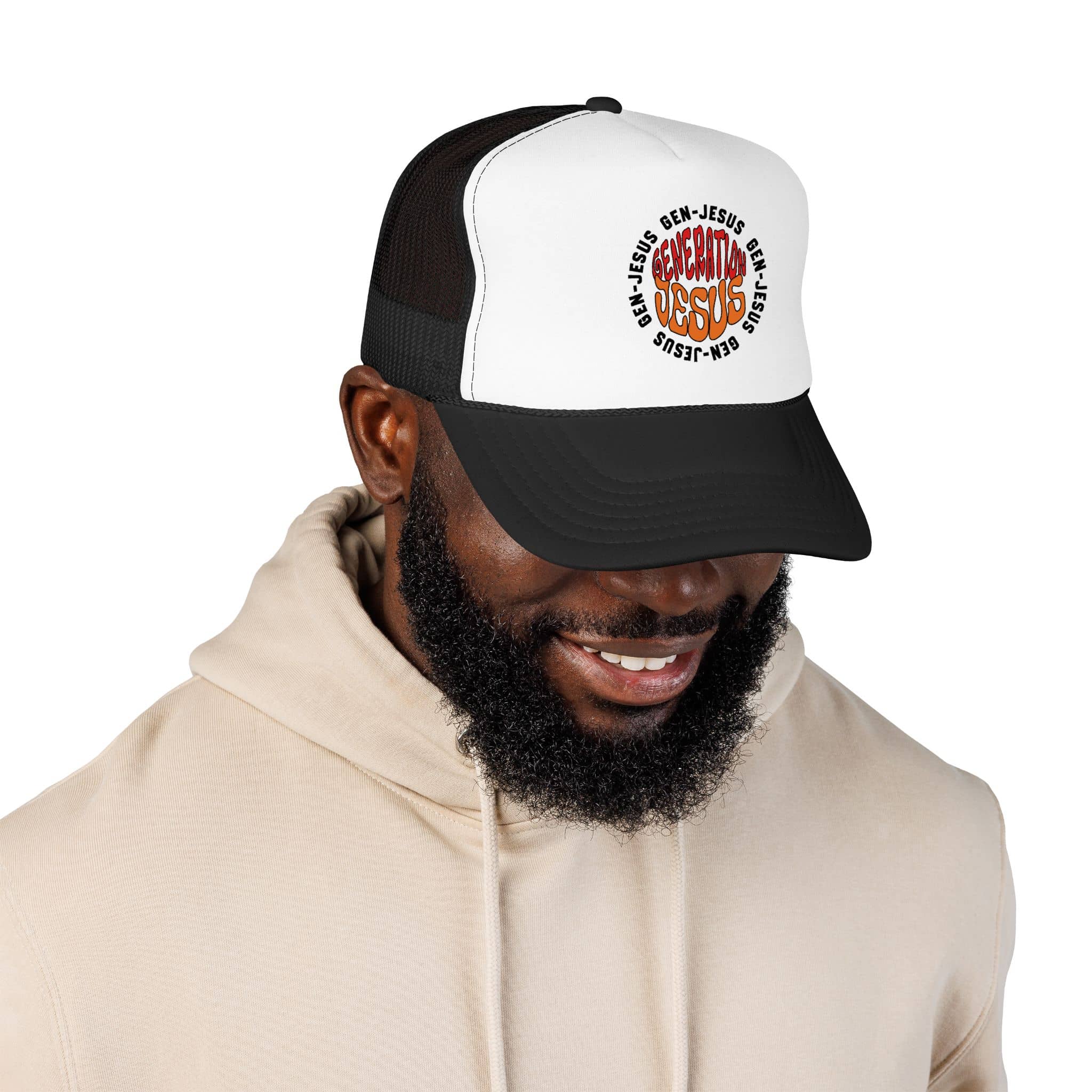 Trucker hat with 'Generation Jesus' phrase in red and orange on white front view