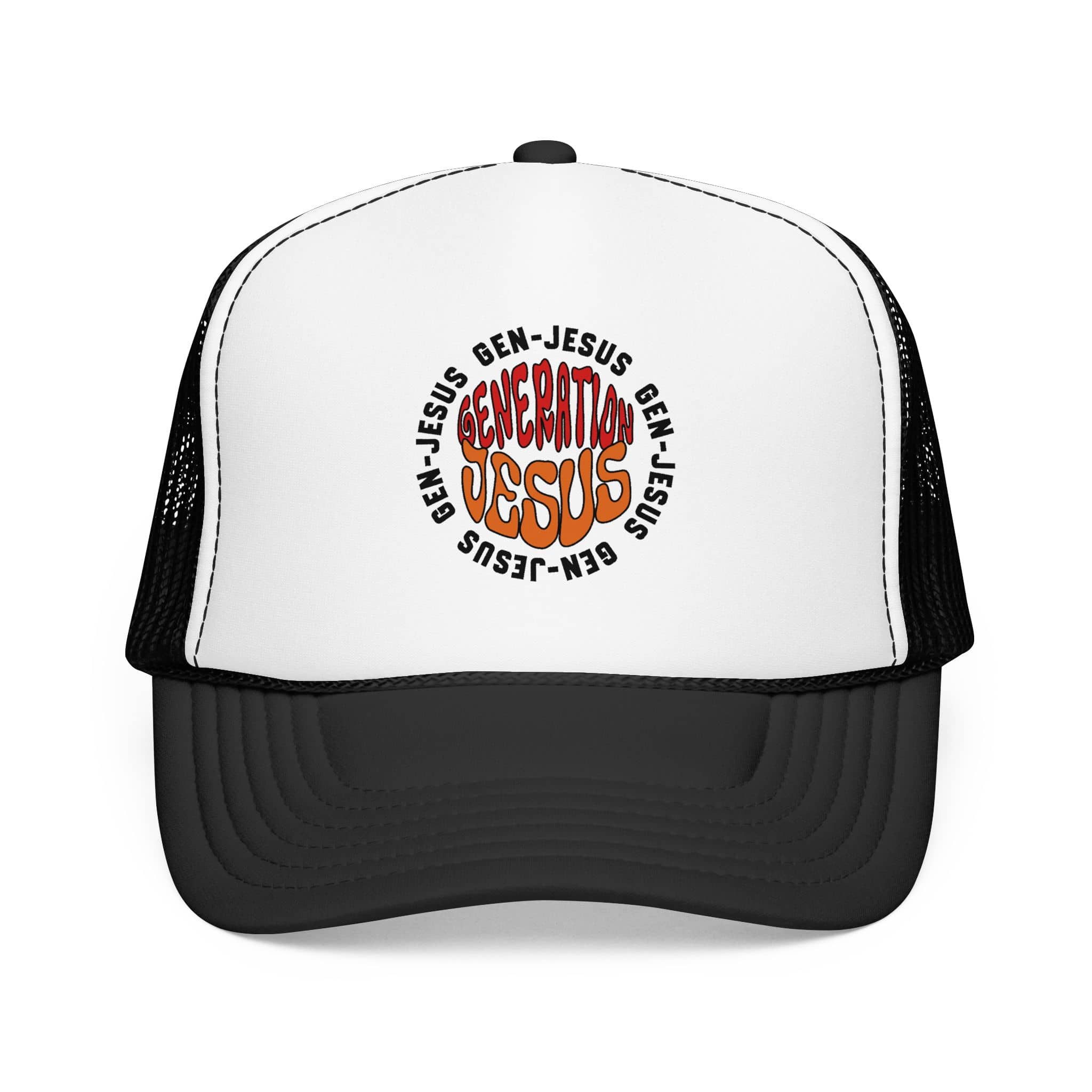 Generation Jesus Trucker Hat Red Orange with a bold scripture design on the front view