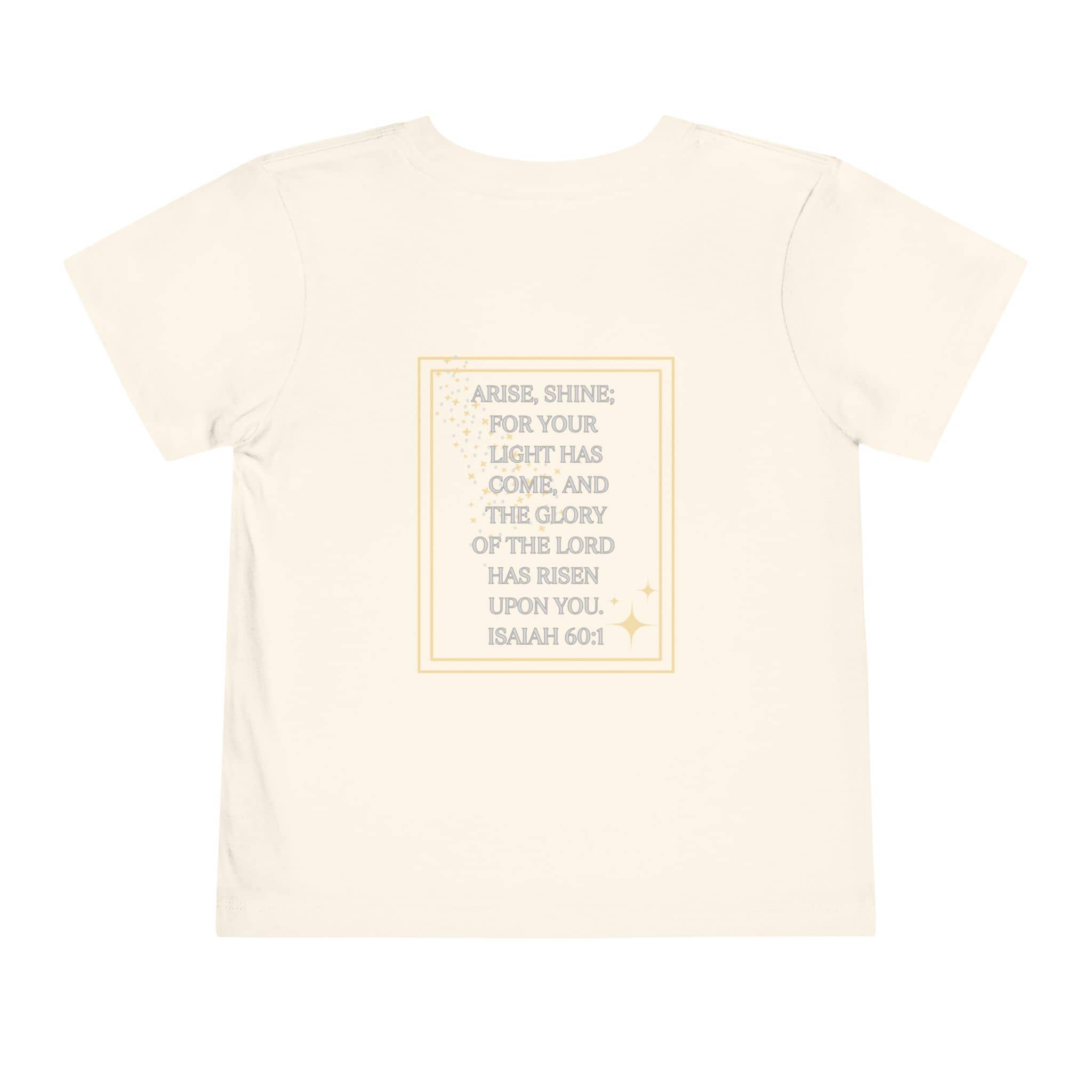 Logos girls scripture tee in cream with Isaiah 60:1 Bible verse printed on the back