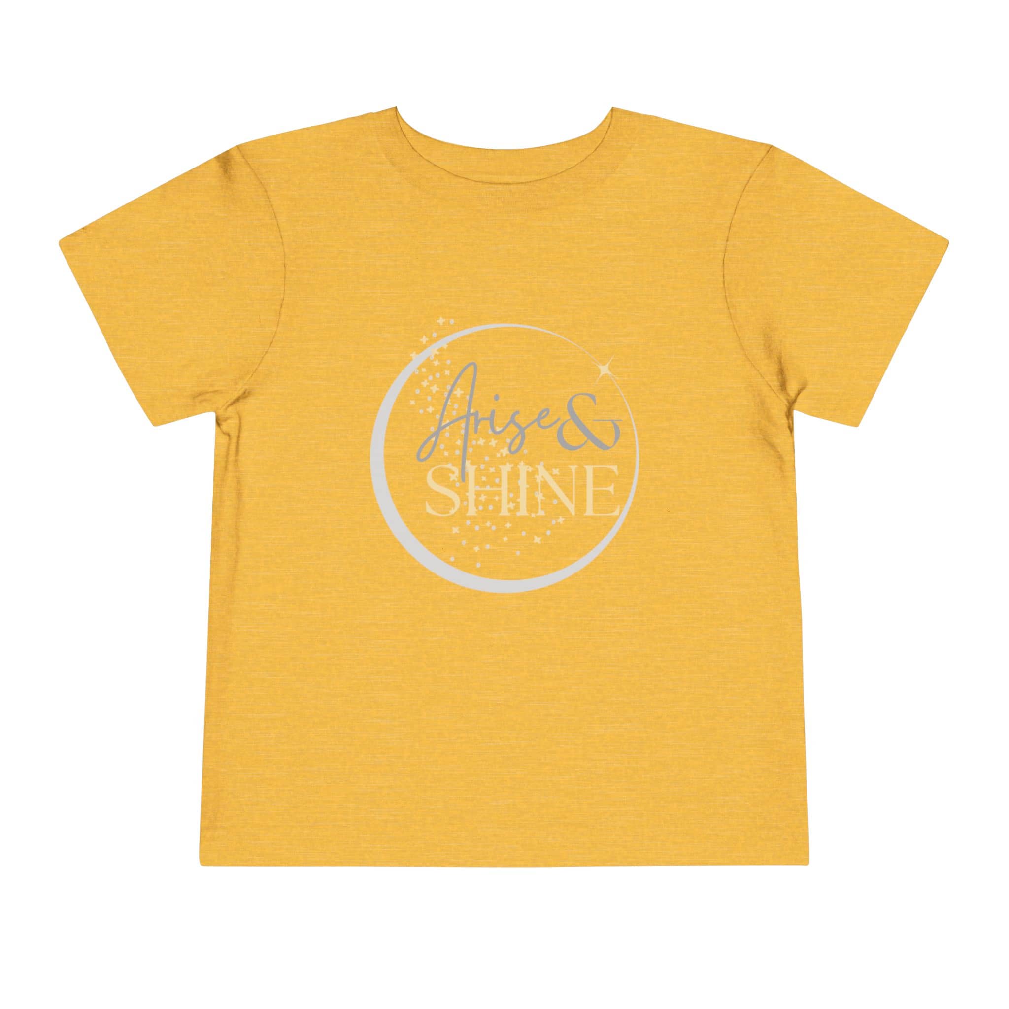 Yellow girls scripture tee with Arise and Shine text and moon graphic for kids by Logos Co.