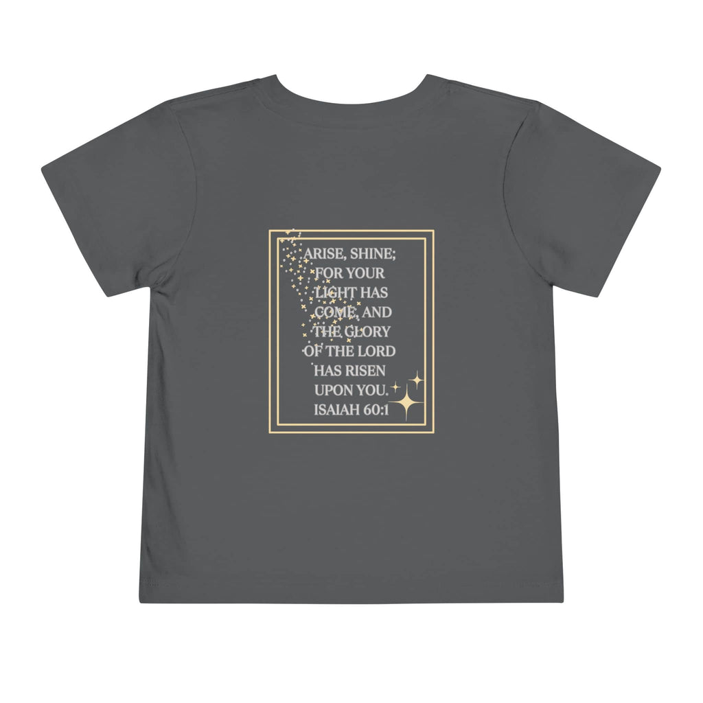 Logos girls scripture tee in gray with Isaiah 60:1 Bible verse design on back
