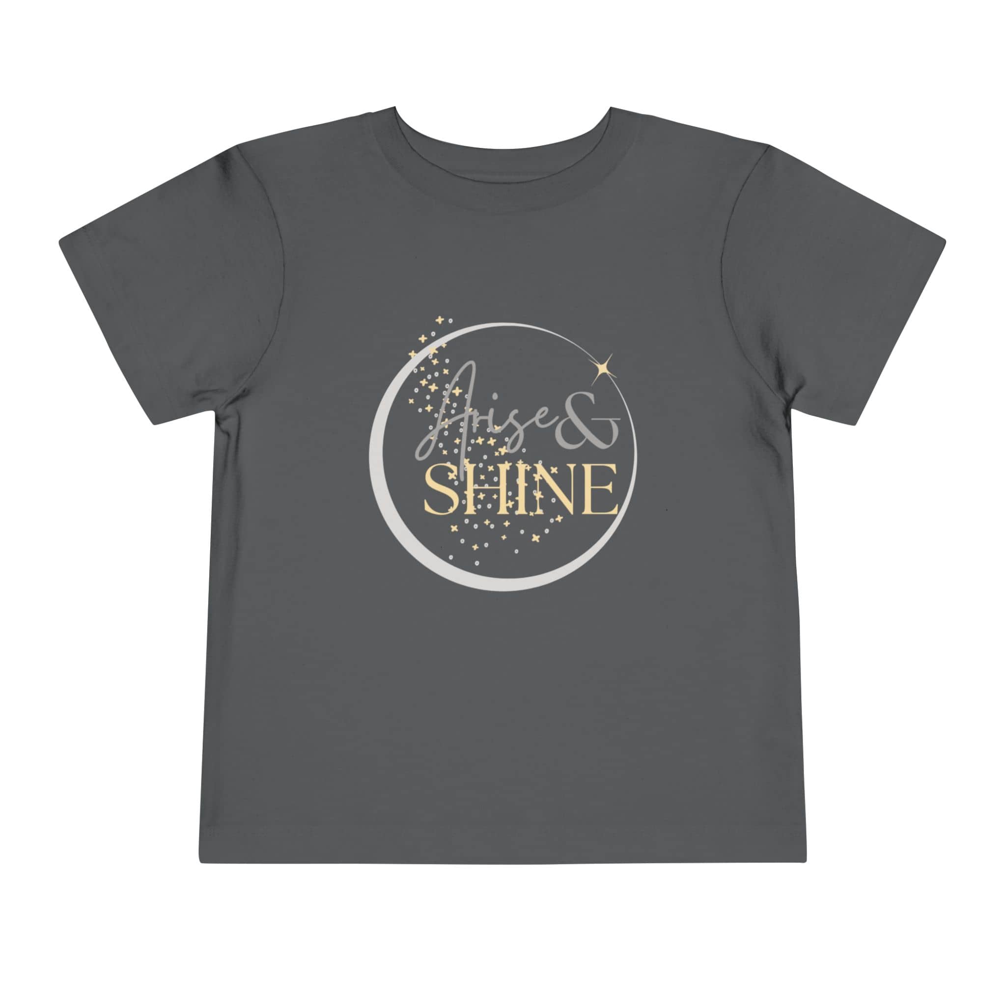 Logos girls scripture tee in dark gray with Arise and Shine scripture design for kids