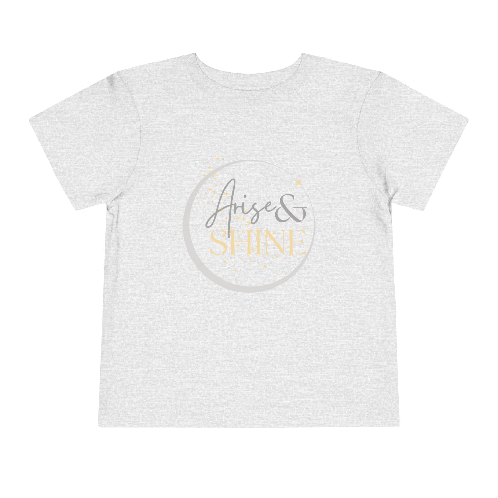 Girls scripture tee with Arise and Shine text in gold and gray on light gray kids shirt from Logos 