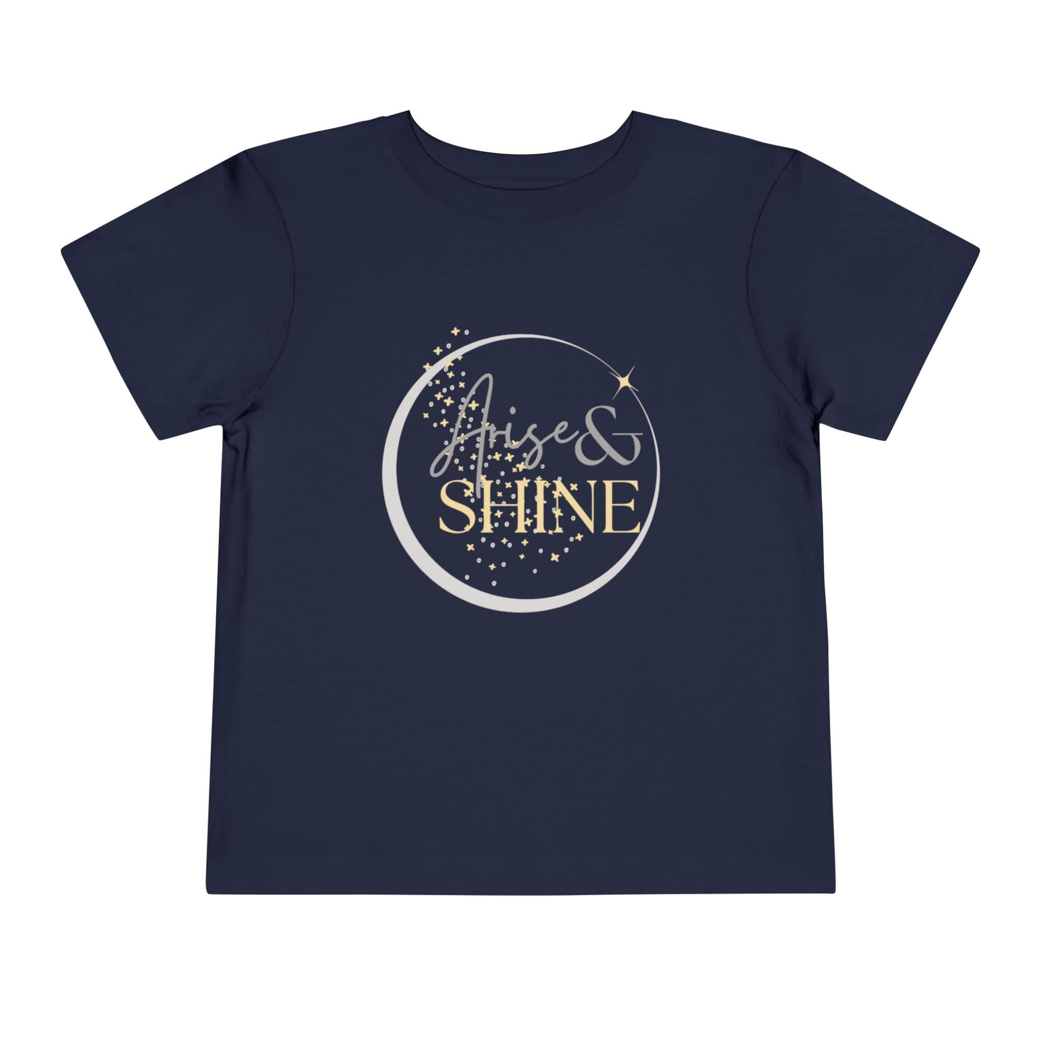 Navy blue girls scripture tee with Arise and Shine gold and silver glitter design for kids