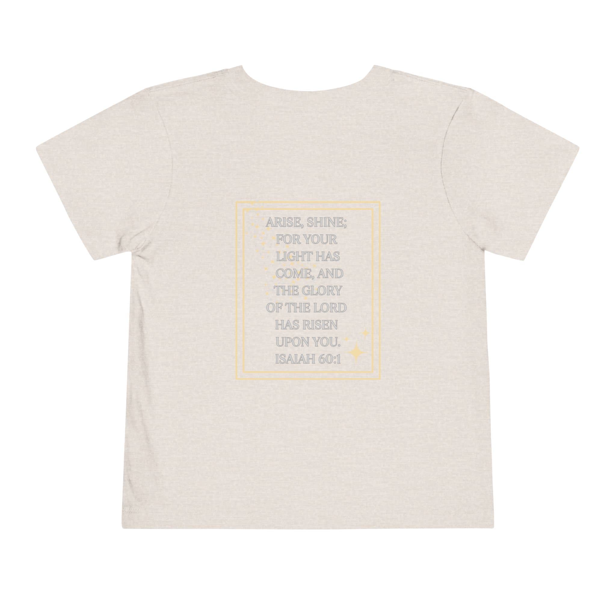 Girls scripture tee in light beige with Isaiah 60:1 Bible verse print on back from Logos