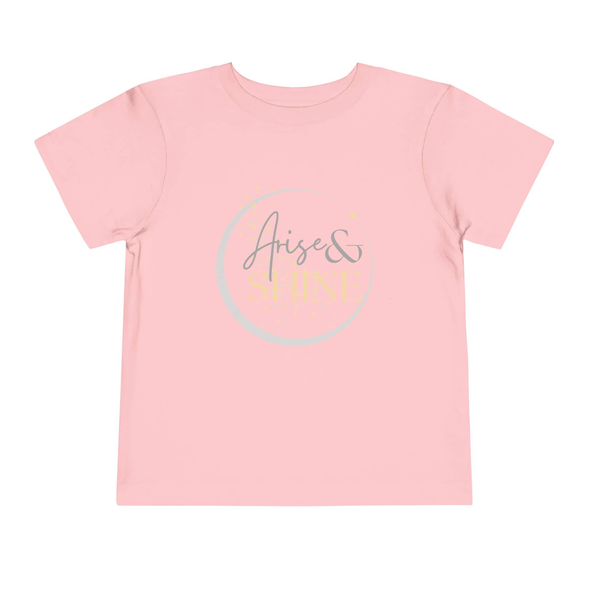 Logos pink girls scripture tee with Arise and Shine scripture design in gold and gray