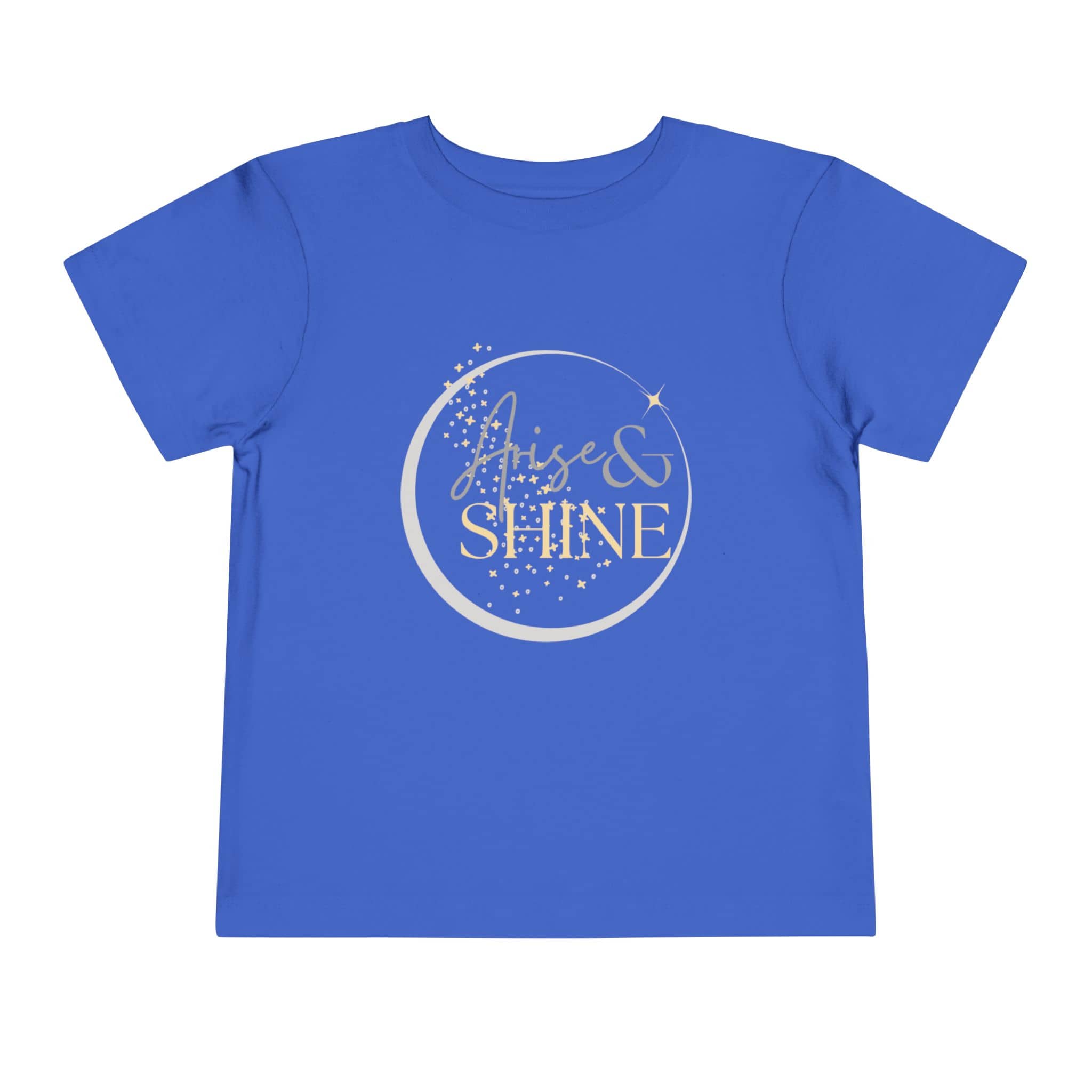 Blue girls scripture tee with gold Arise and Shine text and star design from Logos