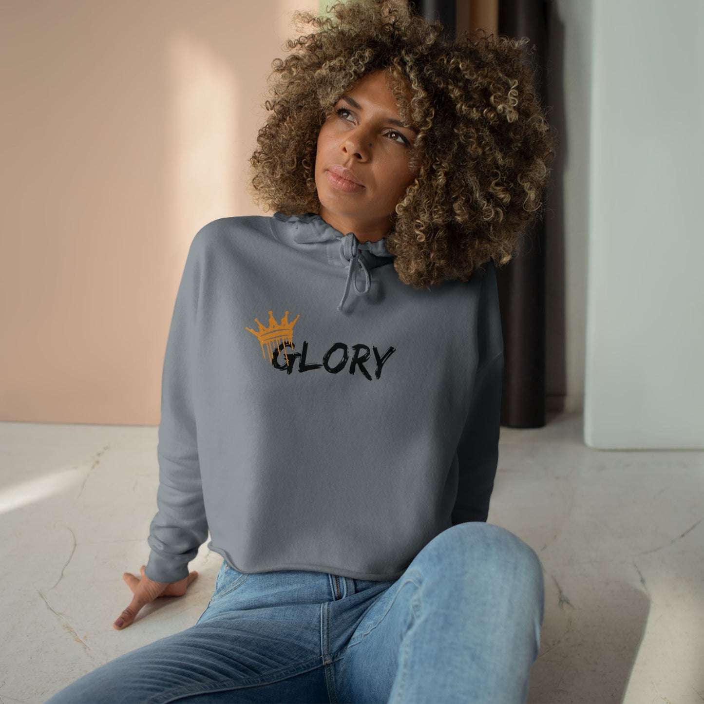 Gray Glory crop hoodie Christian fashion with crown graphic for stylish and faith-based wear