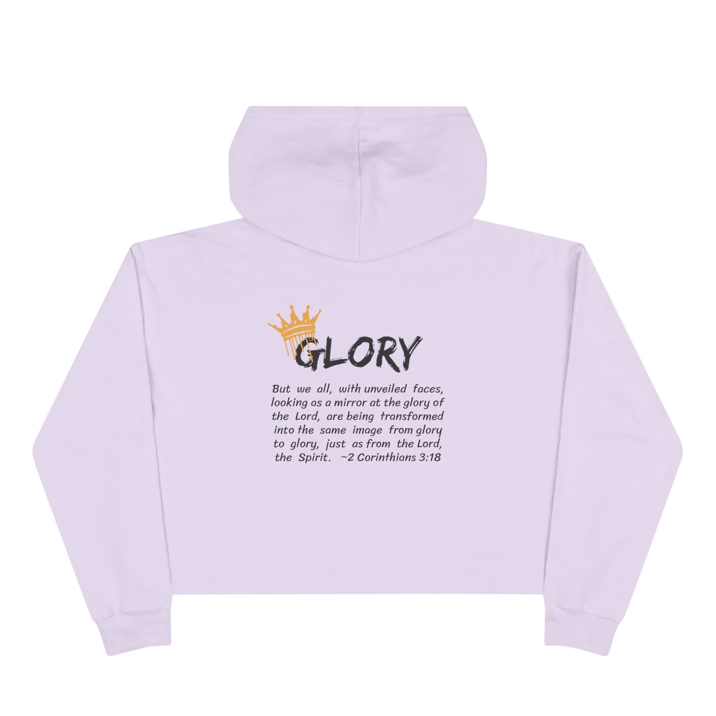 Glory crop hoodie Christian fashion in lavender with inspirational text and crown design