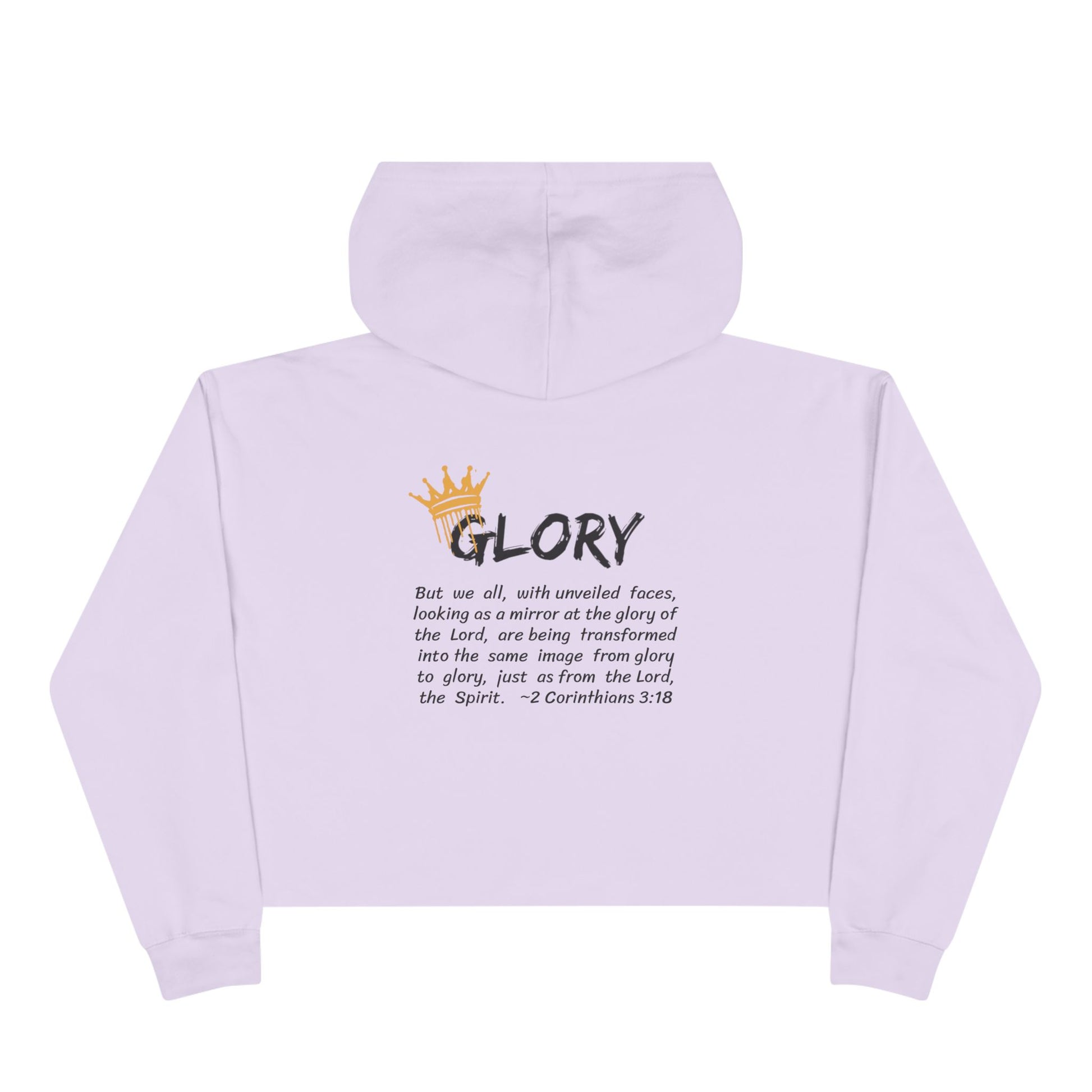 Glory crop hoodie Christian fashion in lavender with inspirational text and crown design