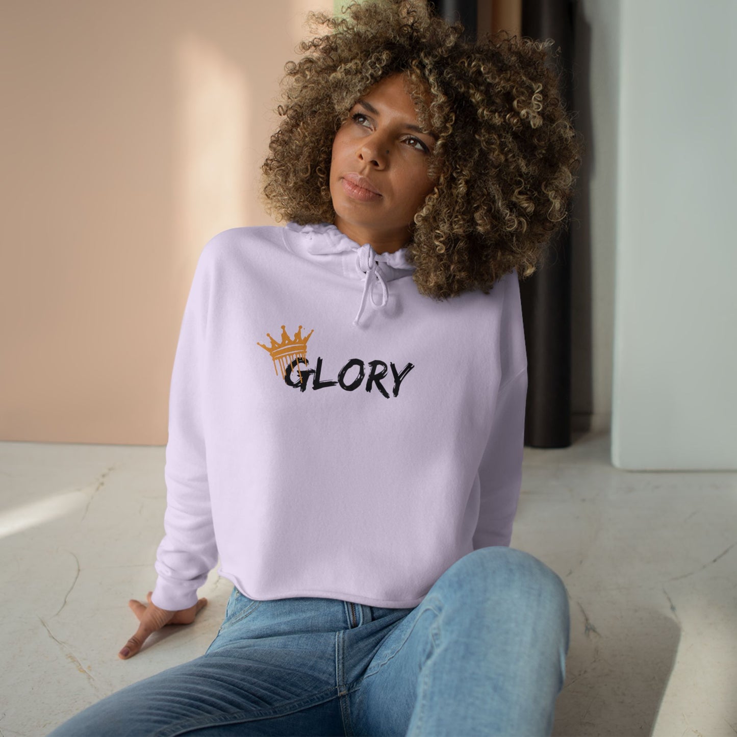 Glory crop hoodie Christian fashion in pastel purple with crown design, perfect for casual wear
