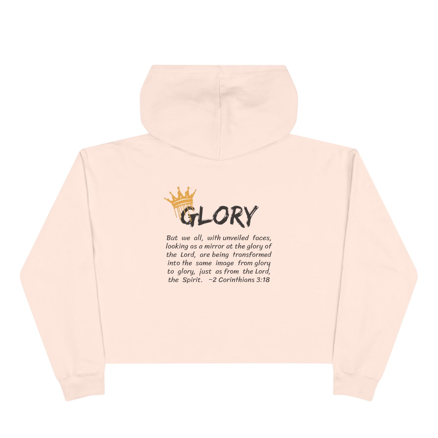 Glory crop hoodie Christian fashion in soft pink featuring inspirational text and crown design