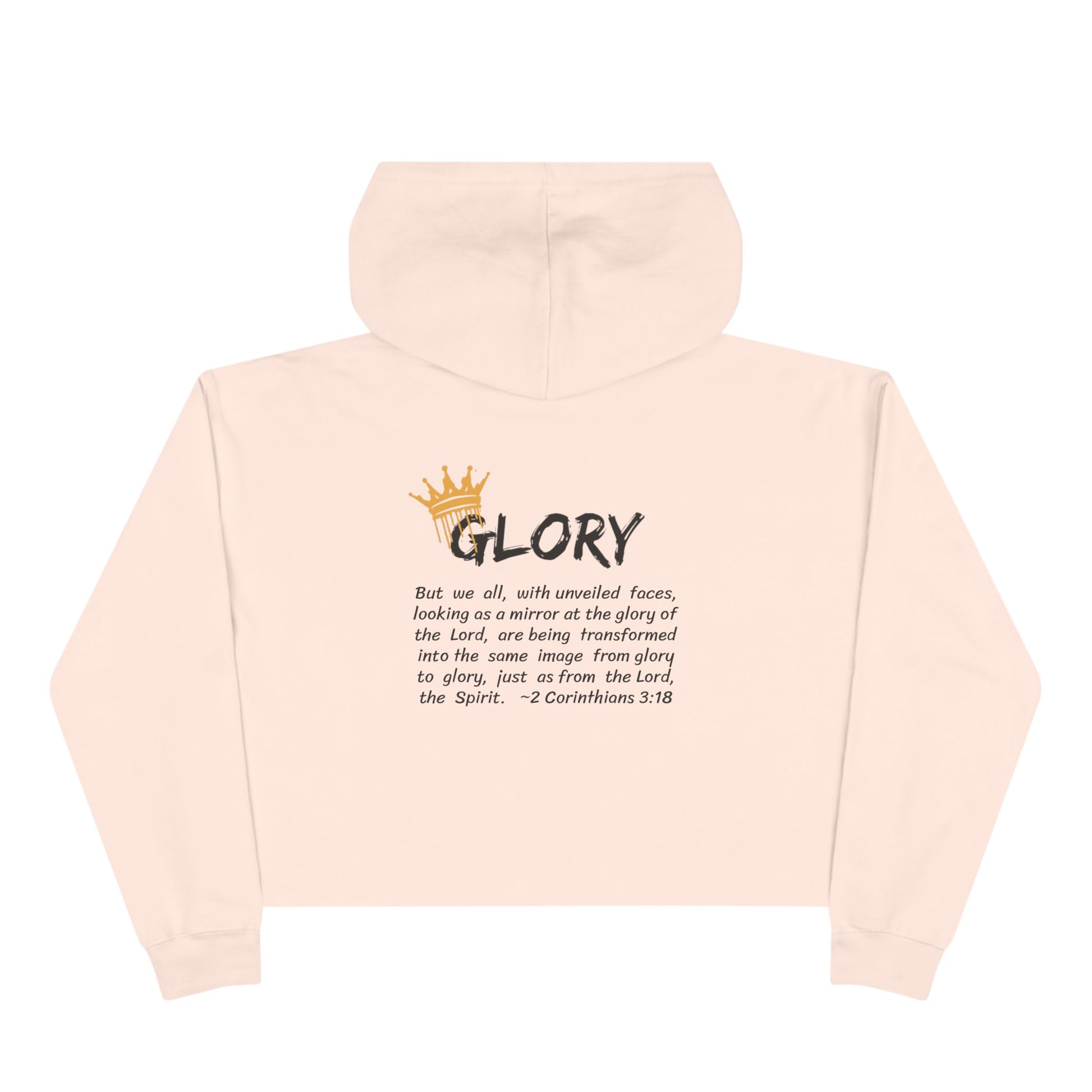Glory crop hoodie Christian fashion in soft pink featuring inspirational text and crown design