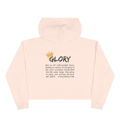Glory crop hoodie Christian fashion in soft pink featuring inspirational text and crown design