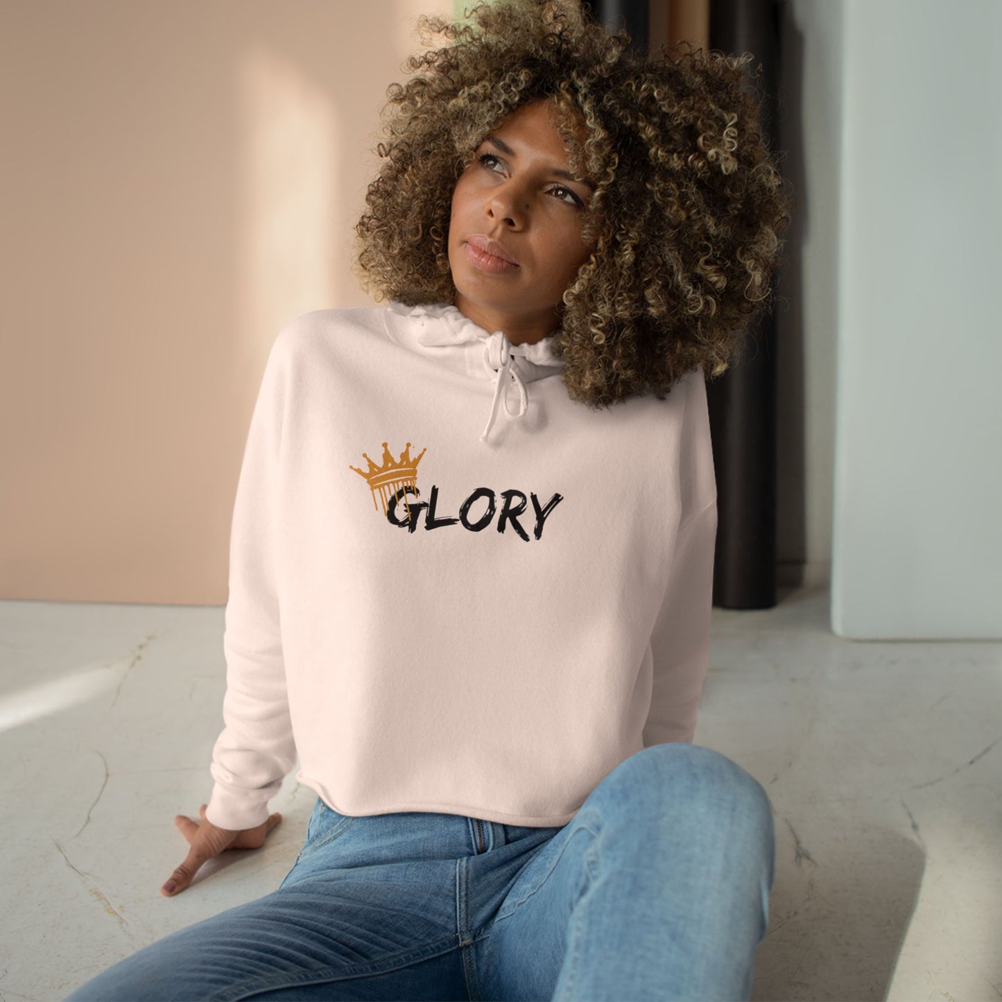 Glory crop hoodie Christian fashion in light pink with crown design and cozy fit