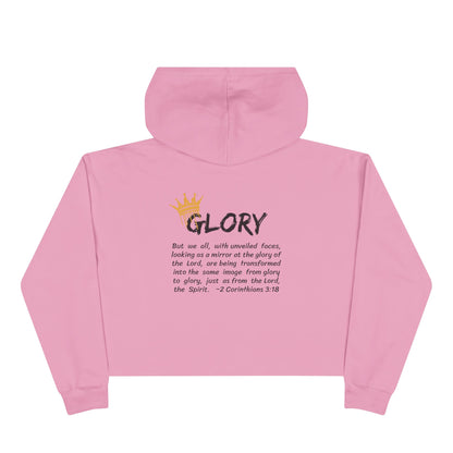 Glory crop hoodie Christian fashion in pink with a crown design and inspirational scripture on the back