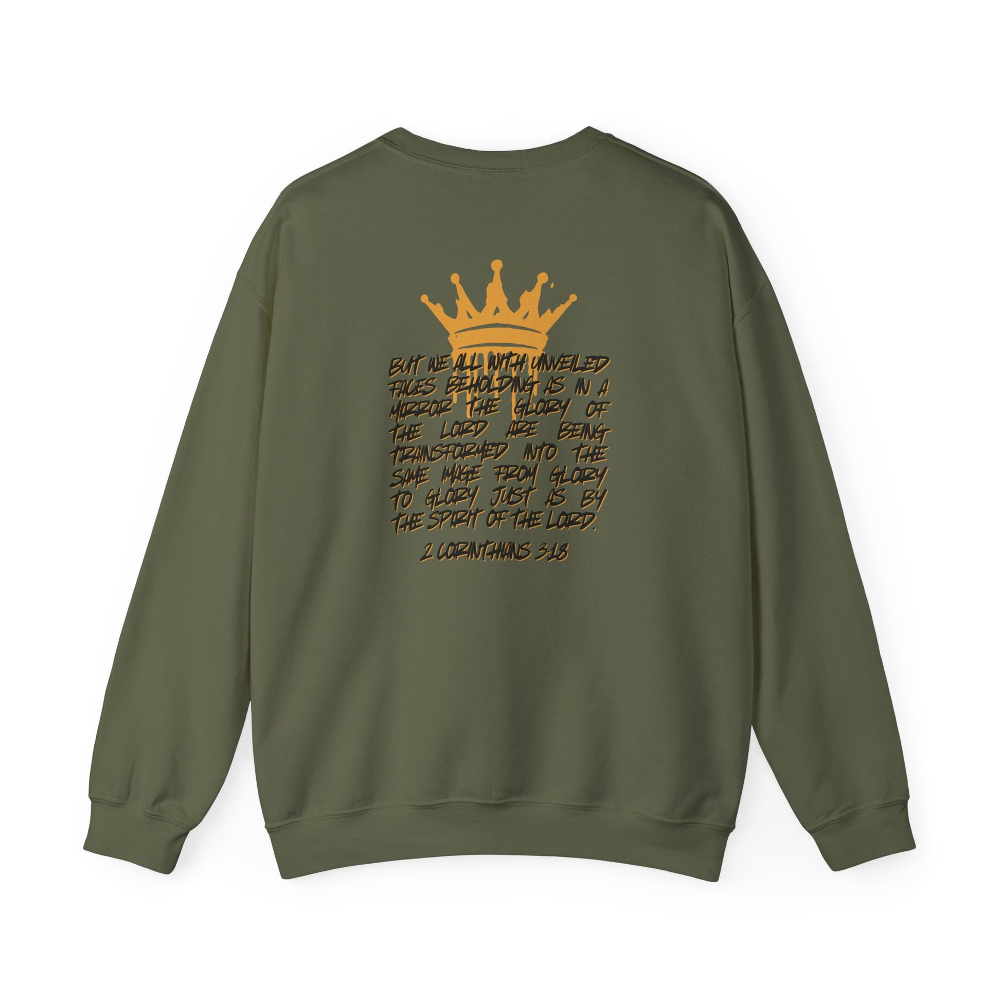 Olive green sweatshirt with crown design and scripture text from 2 Corinthians on Glory to Glory apparel