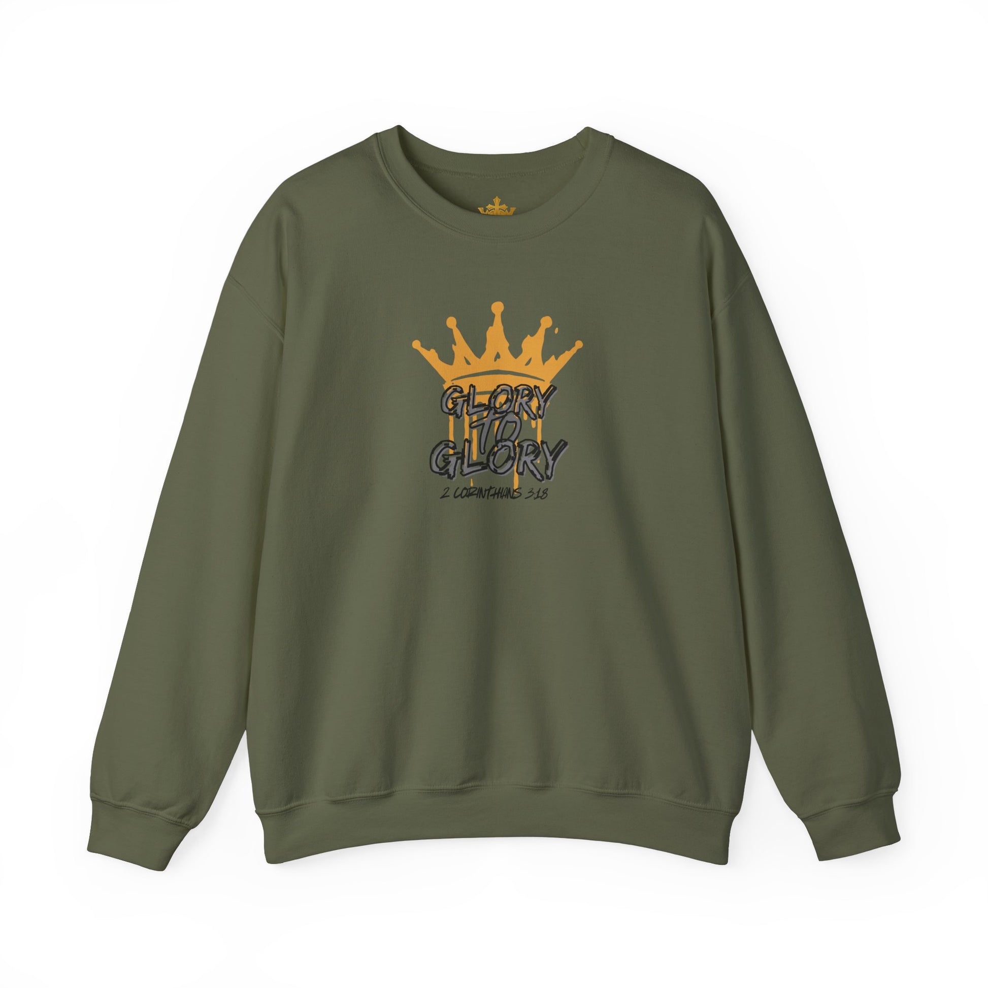 Olive green sweatshirt with gold crown and Glory to Glory apparel text printed on front
