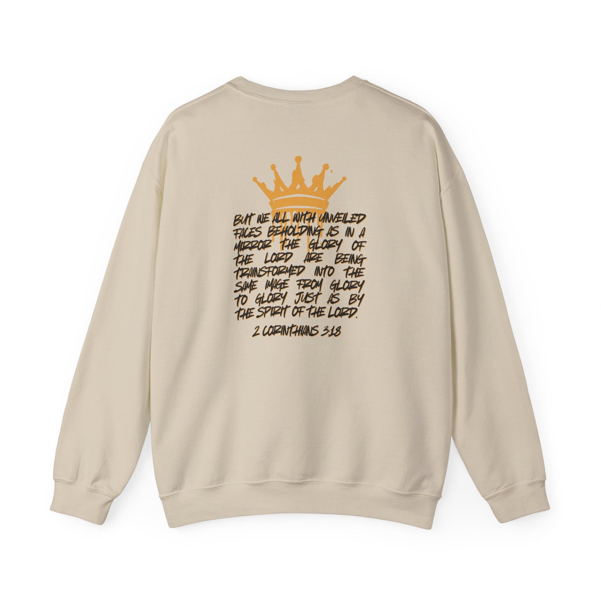 Beige sweatshirt by Logos featuring a crown graphic and script Bible verse design for Glory to Glory apparel