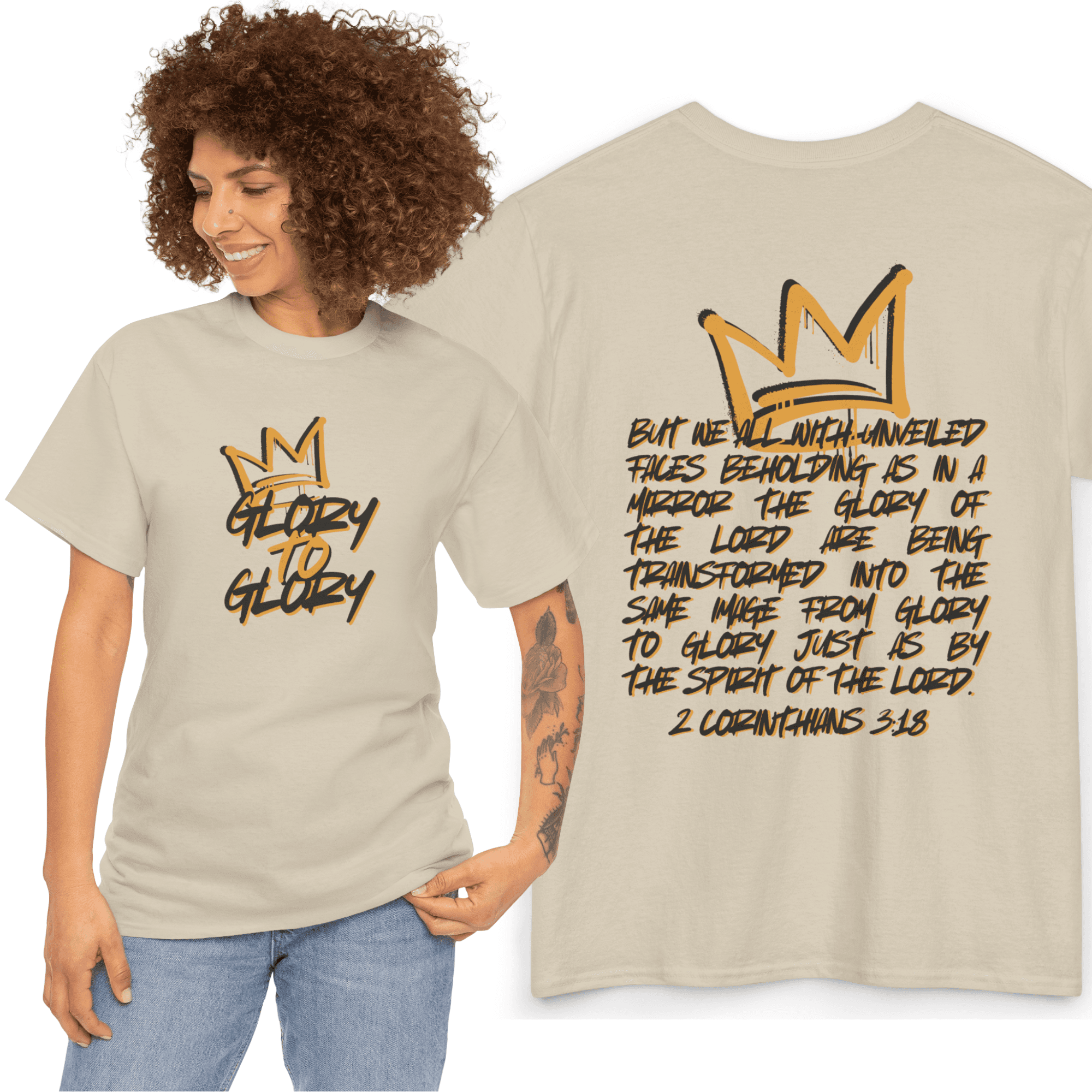 Glory to Glory Bible verse shirt featuring a crown design and 2 Corinthians 3:18 text