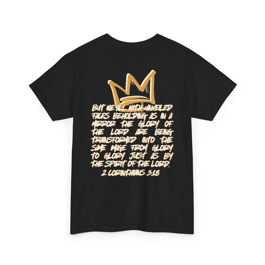 Glory to Glory Bible verse shirt with artistic crown design and 2 Corinthians 3:18 text in gold