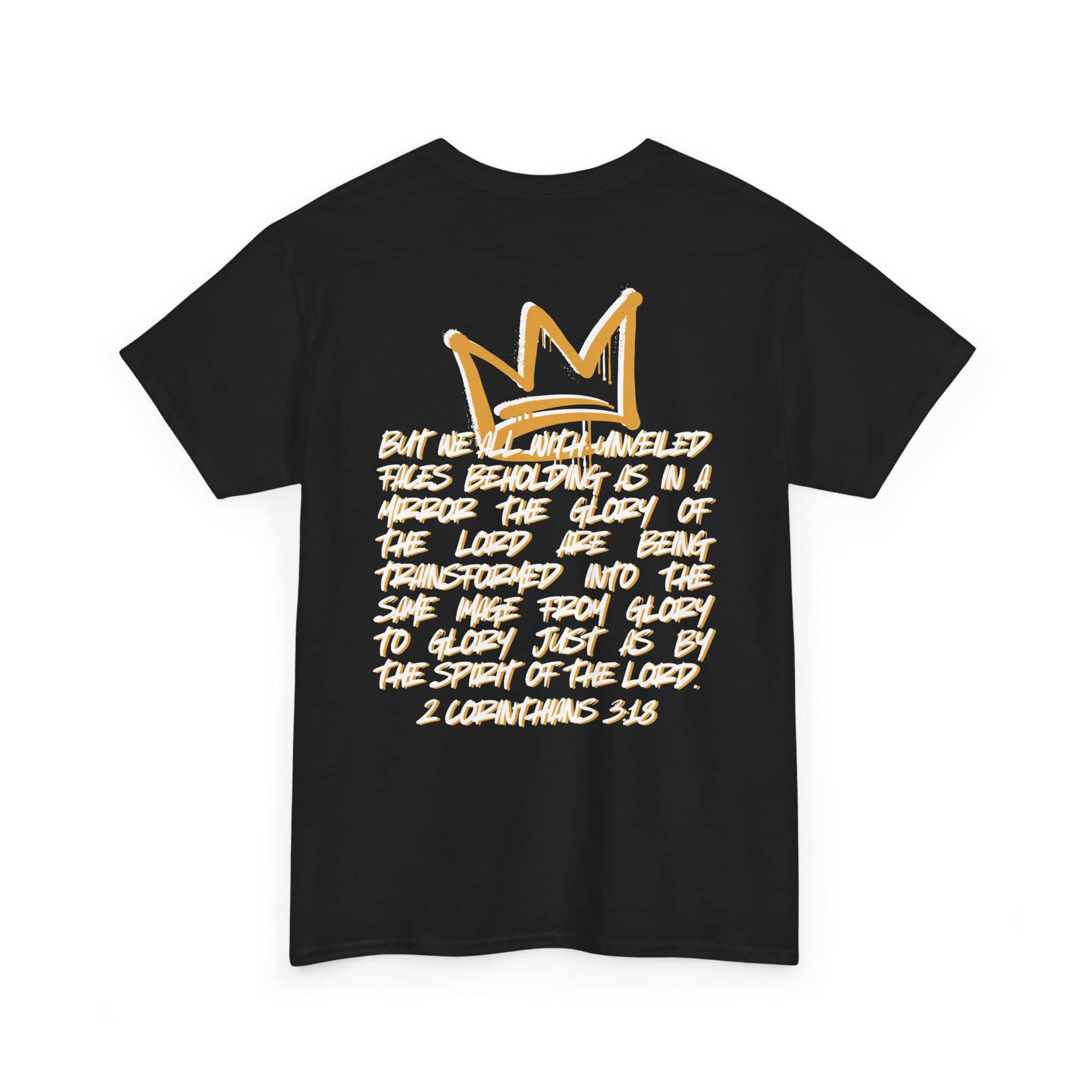 Glory to Glory Bible verse shirt with artistic crown design and 2 Corinthians 3:18 text in gold