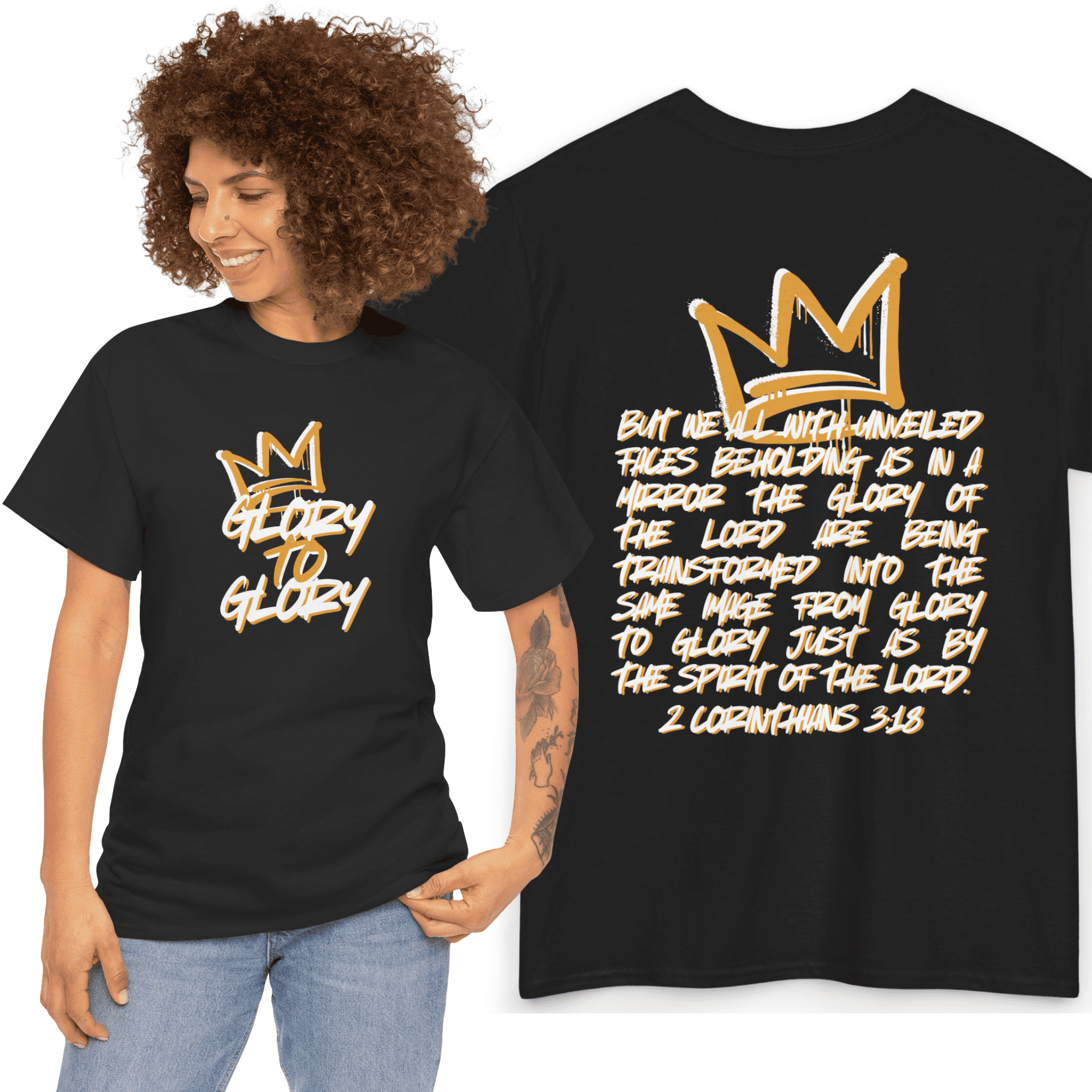 Glory to Glory Bible verse shirt featuring a crown design and inspirational text in gold on black fabric