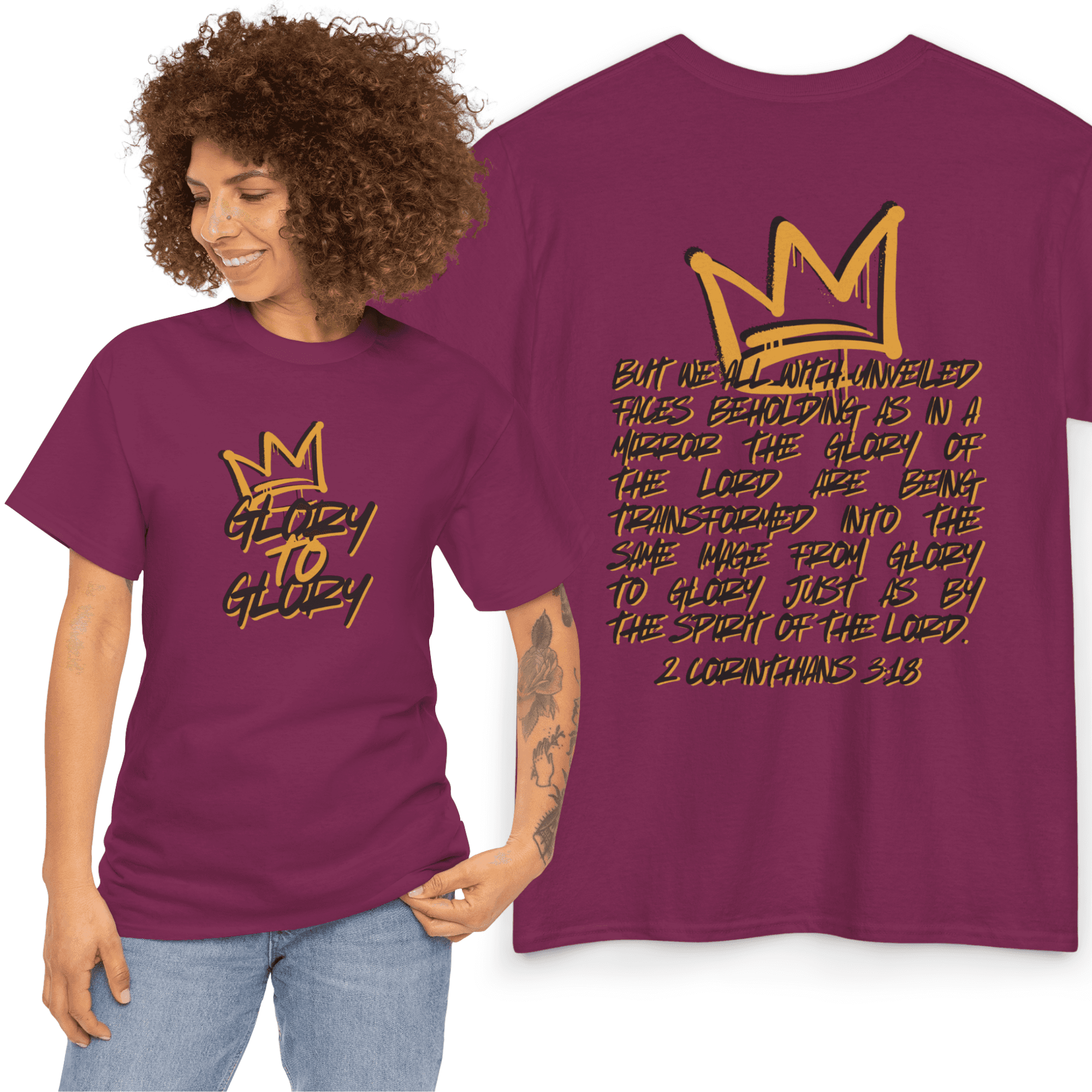 Glory to Glory Bible verse shirt in maroon with a gold crown design and inspirational text