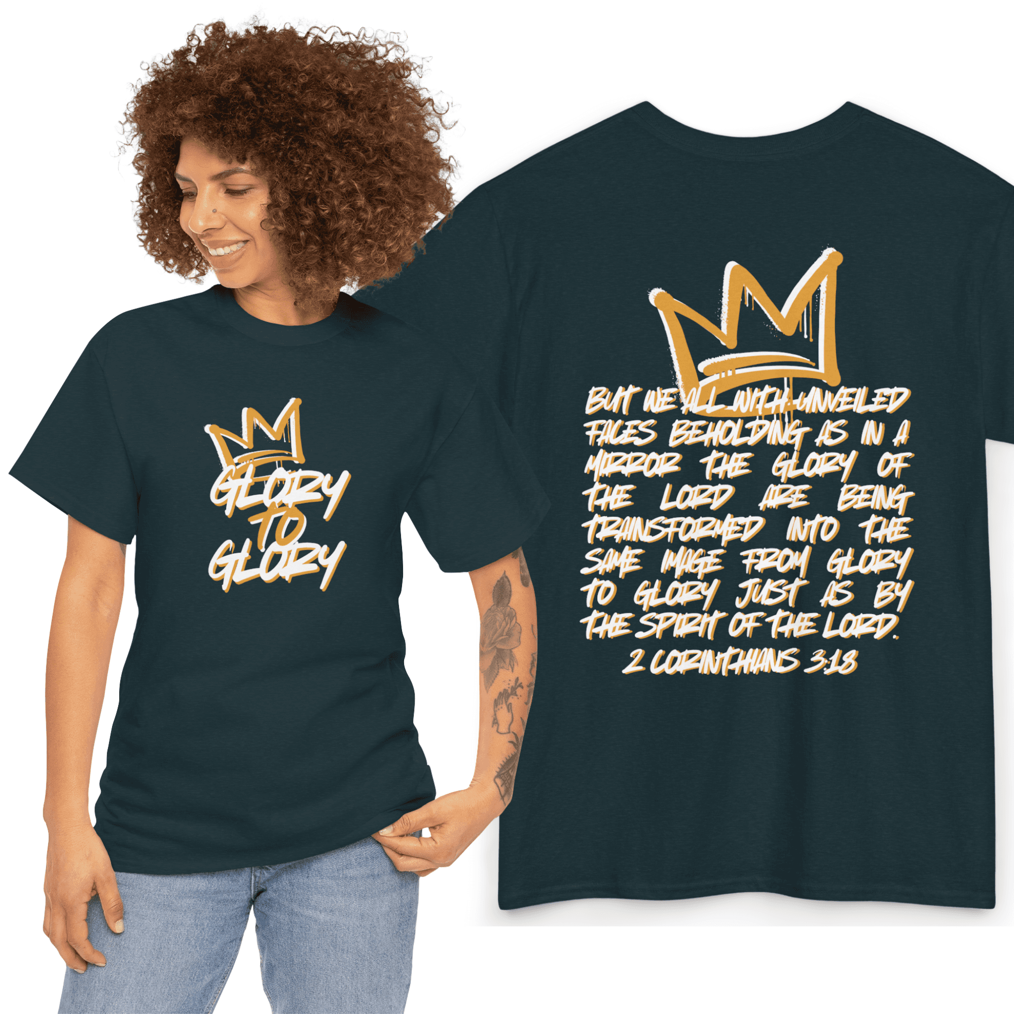 Glory to Glory Bible verse shirt featuring a stylish design with uplifting scripture on dark background