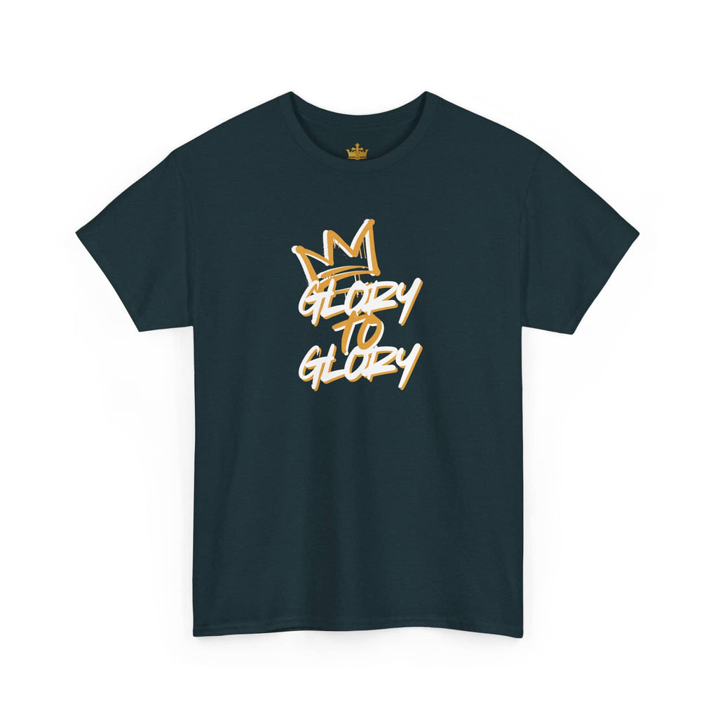 Navy Glory to Glory Bible verse shirt featuring a stylish crown design in bright letters