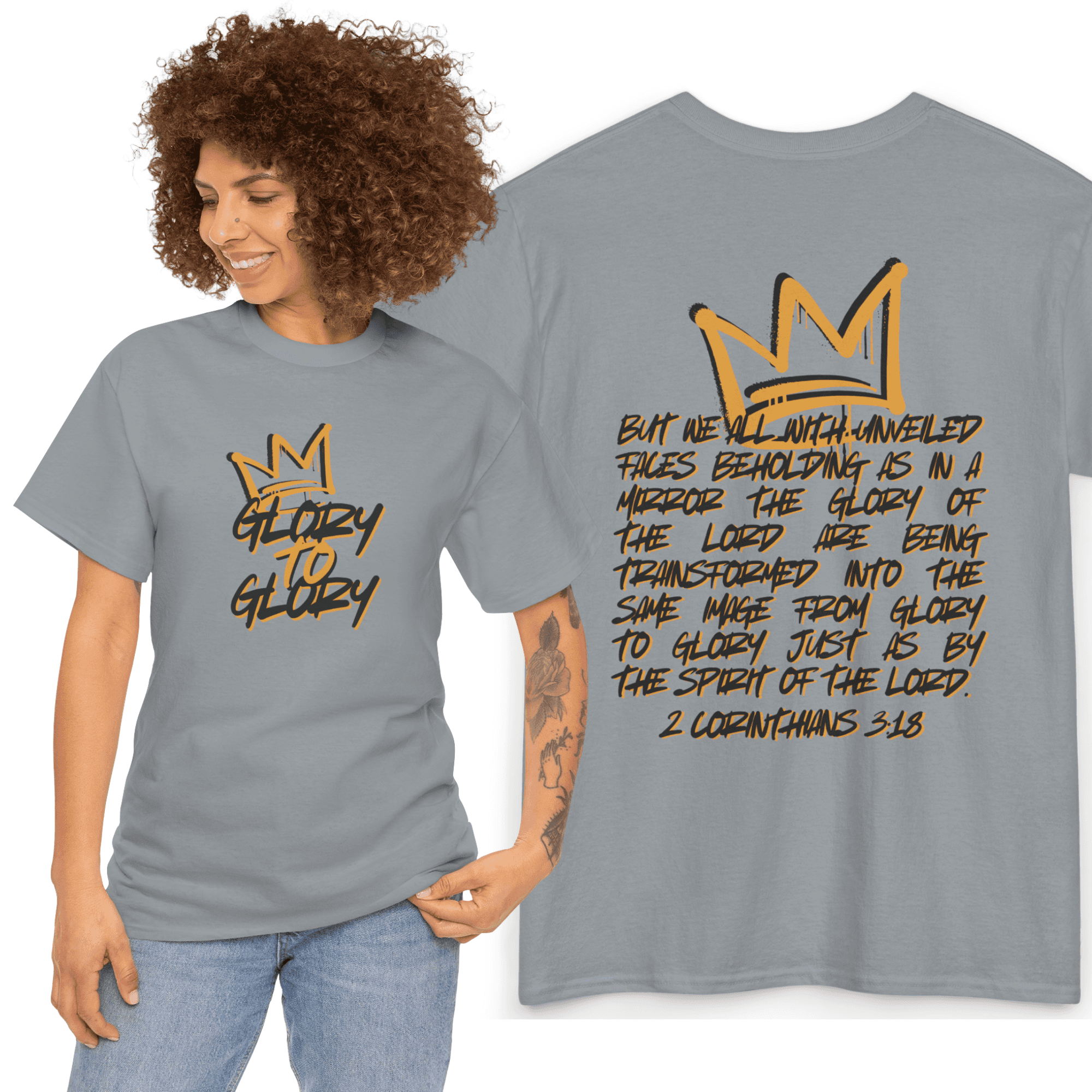 Glory to Glory Bible verse shirt in gray featuring a crown design and inspirational text