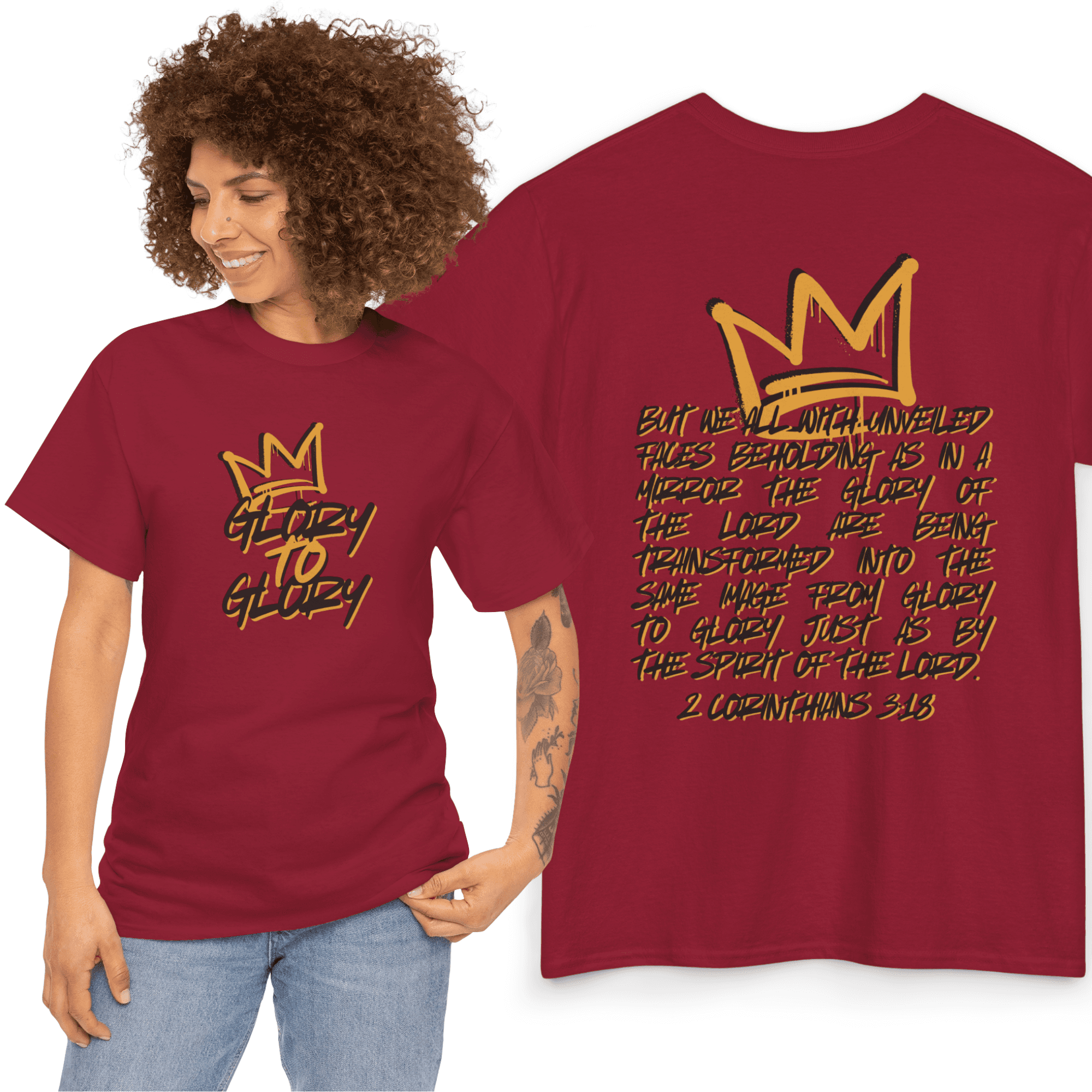 Glory to Glory Bible verse shirt in maroon with a gold crown design