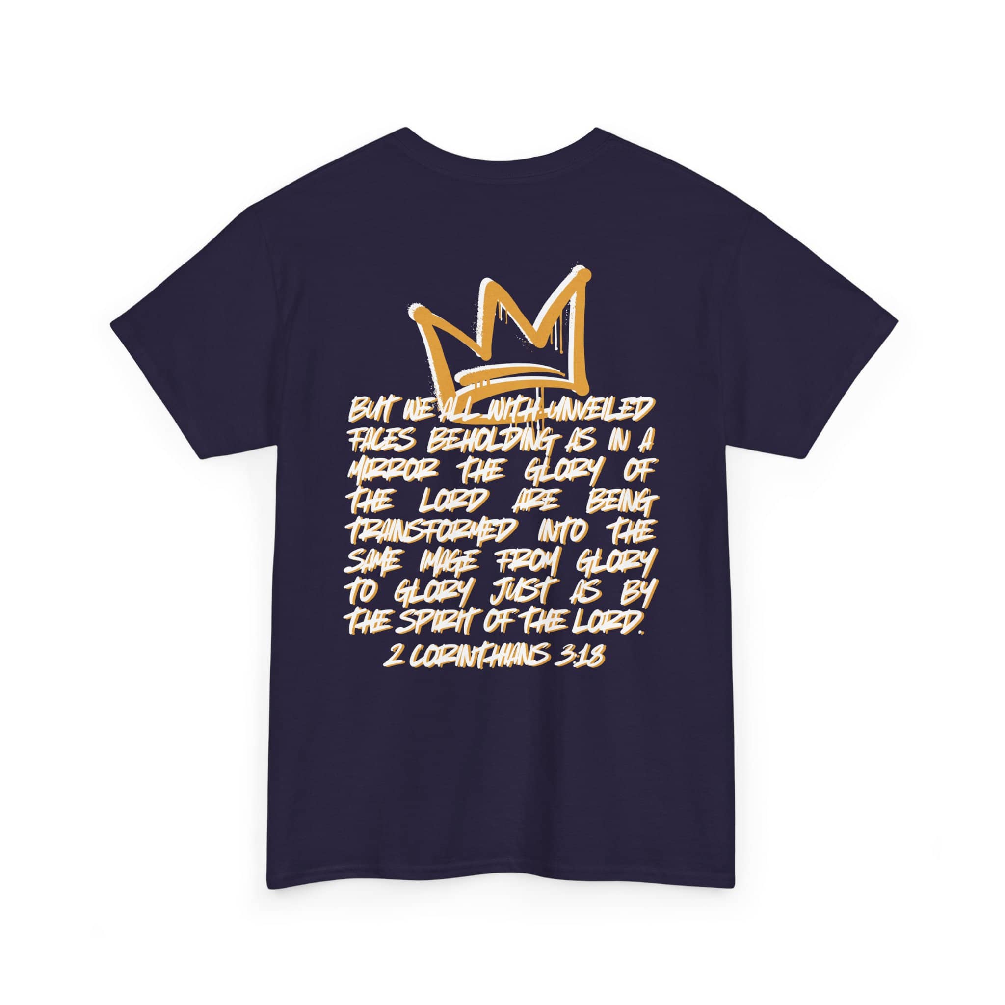 Glory to Glory Bible verse shirt featuring a crown and inspirational text on a navy blue background