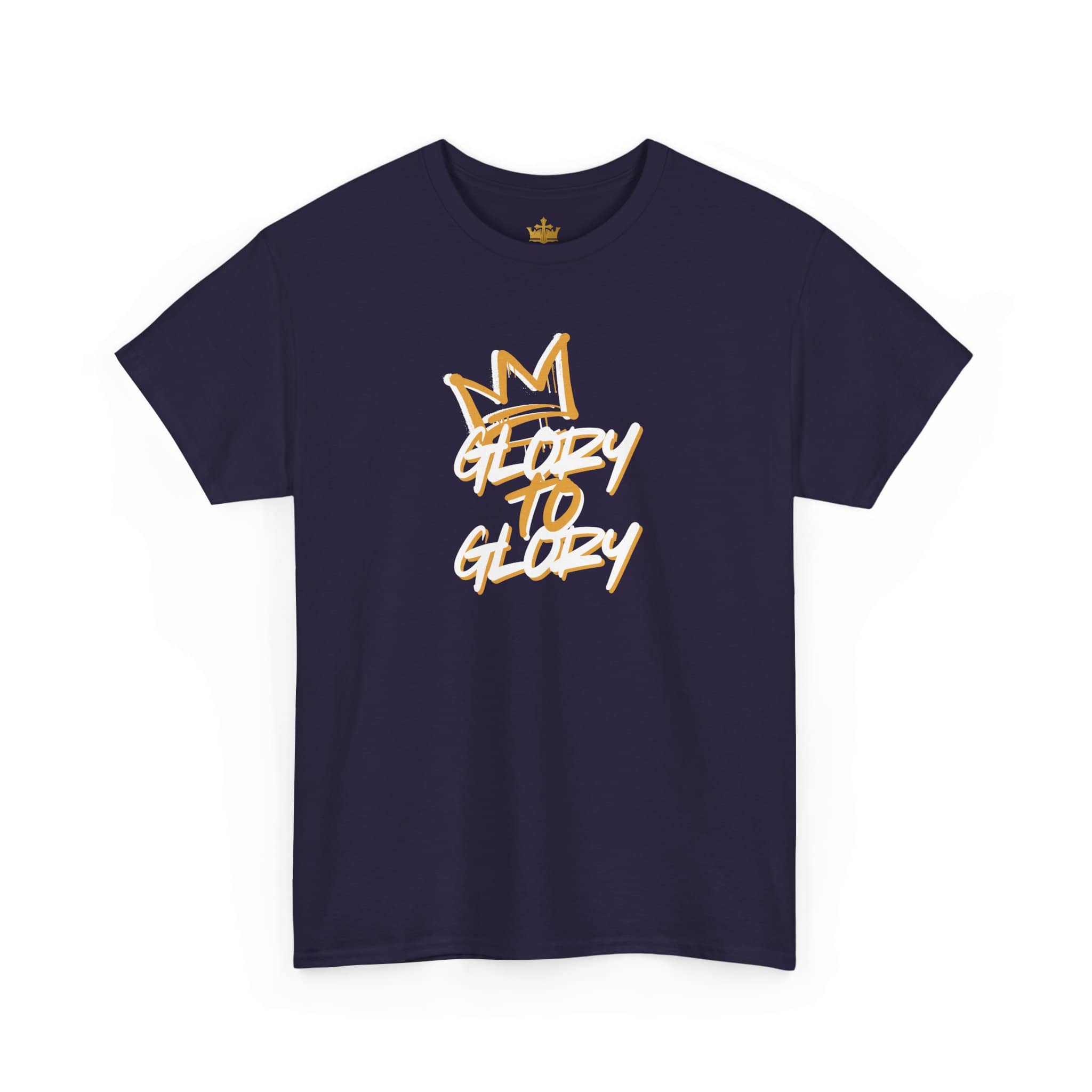Navy Glory to Glory Bible verse shirt featuring a bold, stylish design for faith-inspired fashion