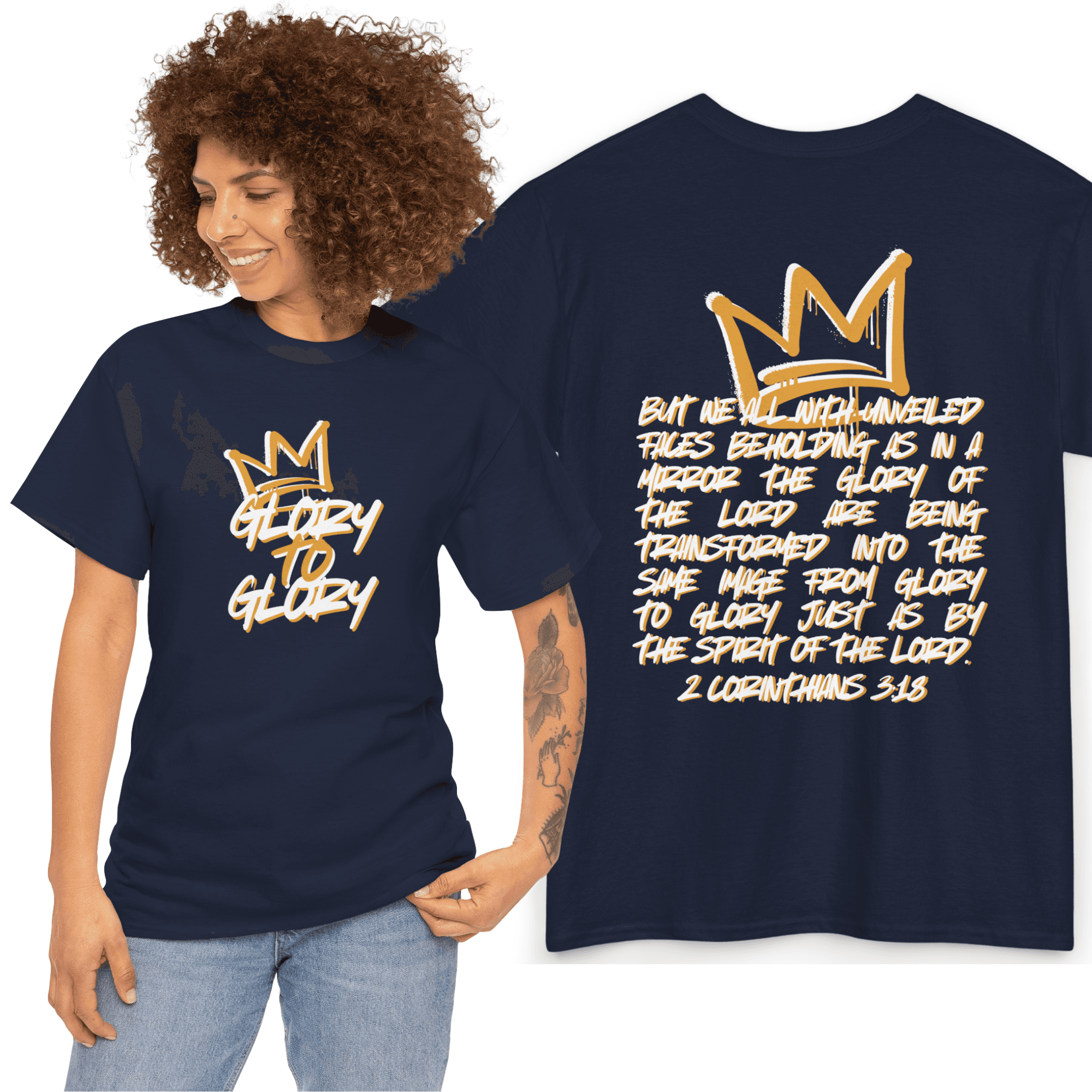 Navy Glory to Glory Bible verse shirt featuring stylish design and scripture from 2 Corinthians 3:18