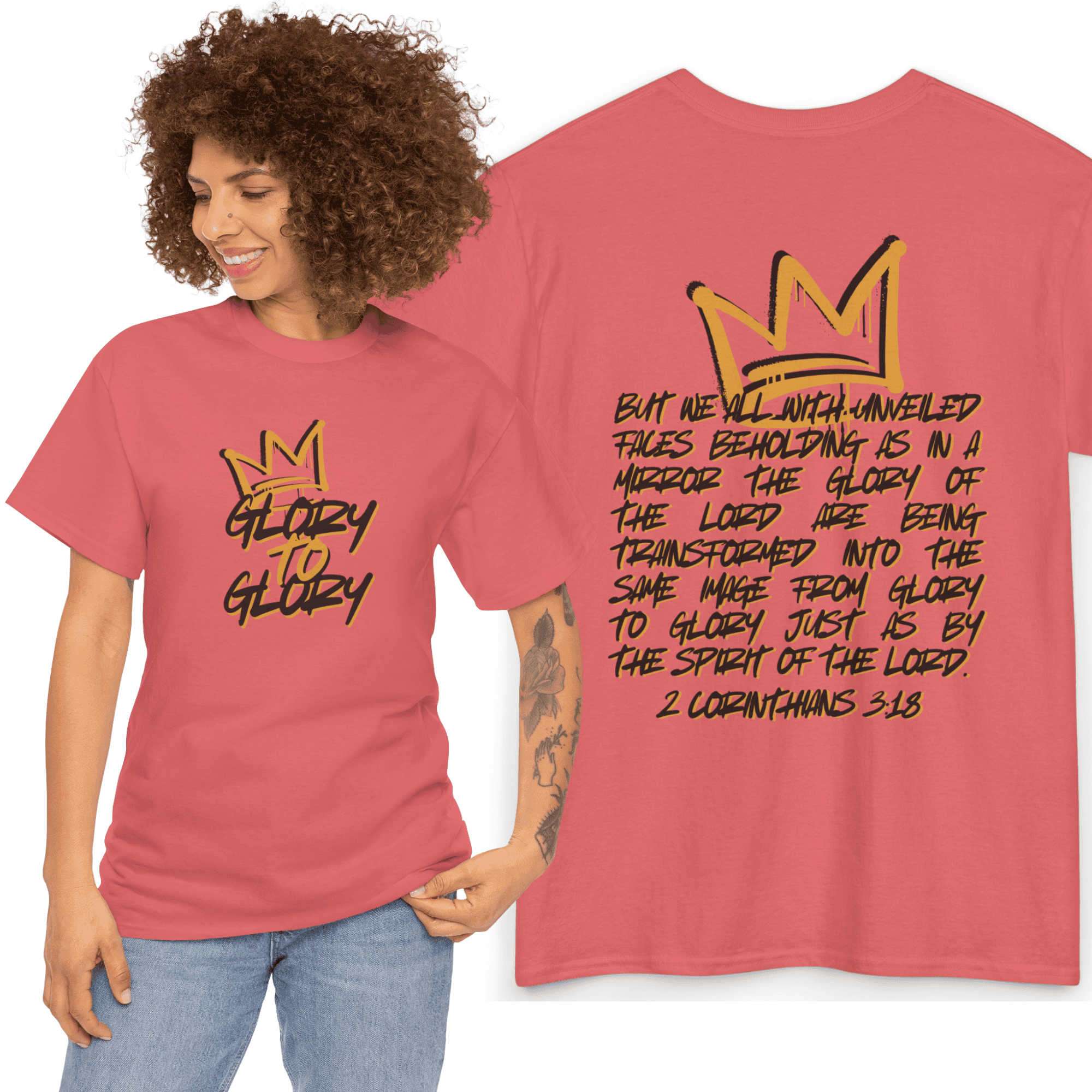 Glory to Glory Bible verse shirt features bold text and a crown design on a pink tee