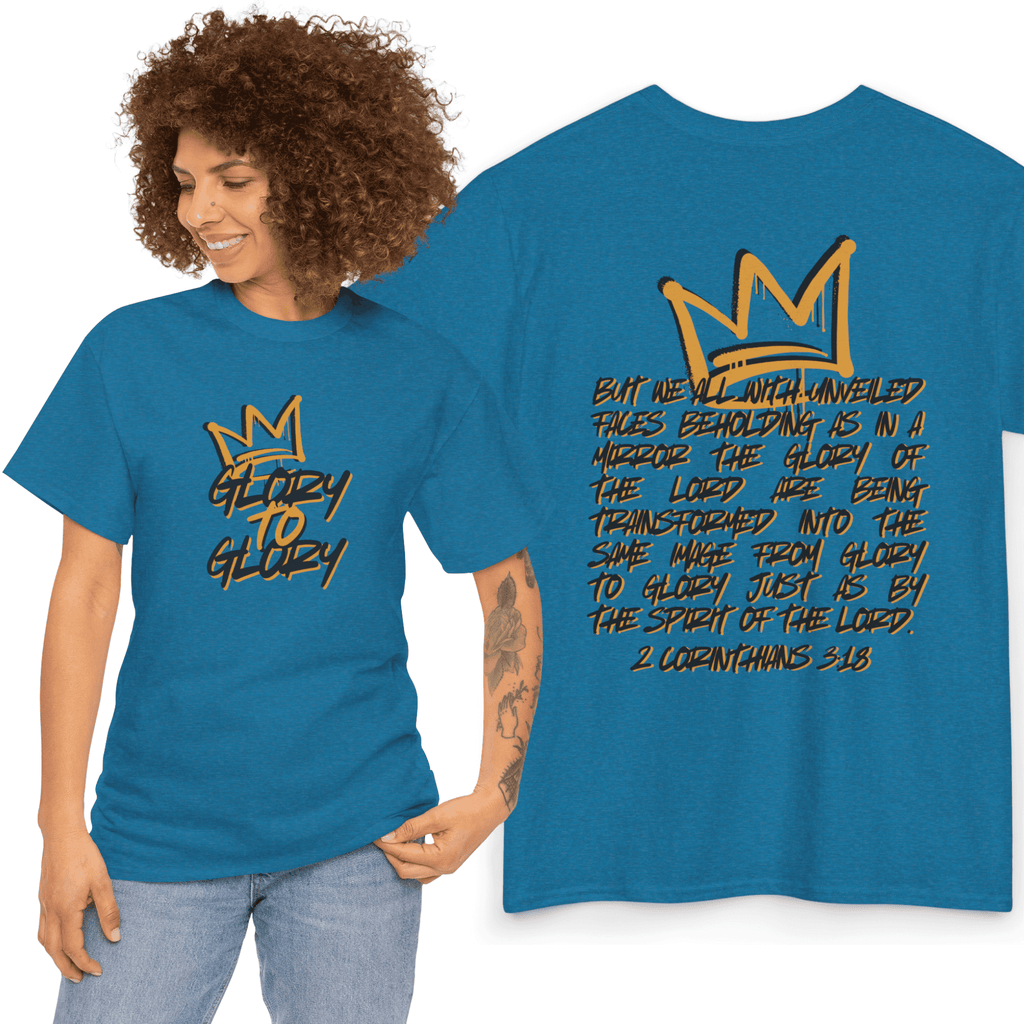 Glory to Glory Bible verse shirt in blue with a crown design and 2 Corinthians 3:18 text