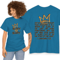 Glory to Glory Bible verse shirt in blue with a crown design and 2 Corinthians 3:18 text