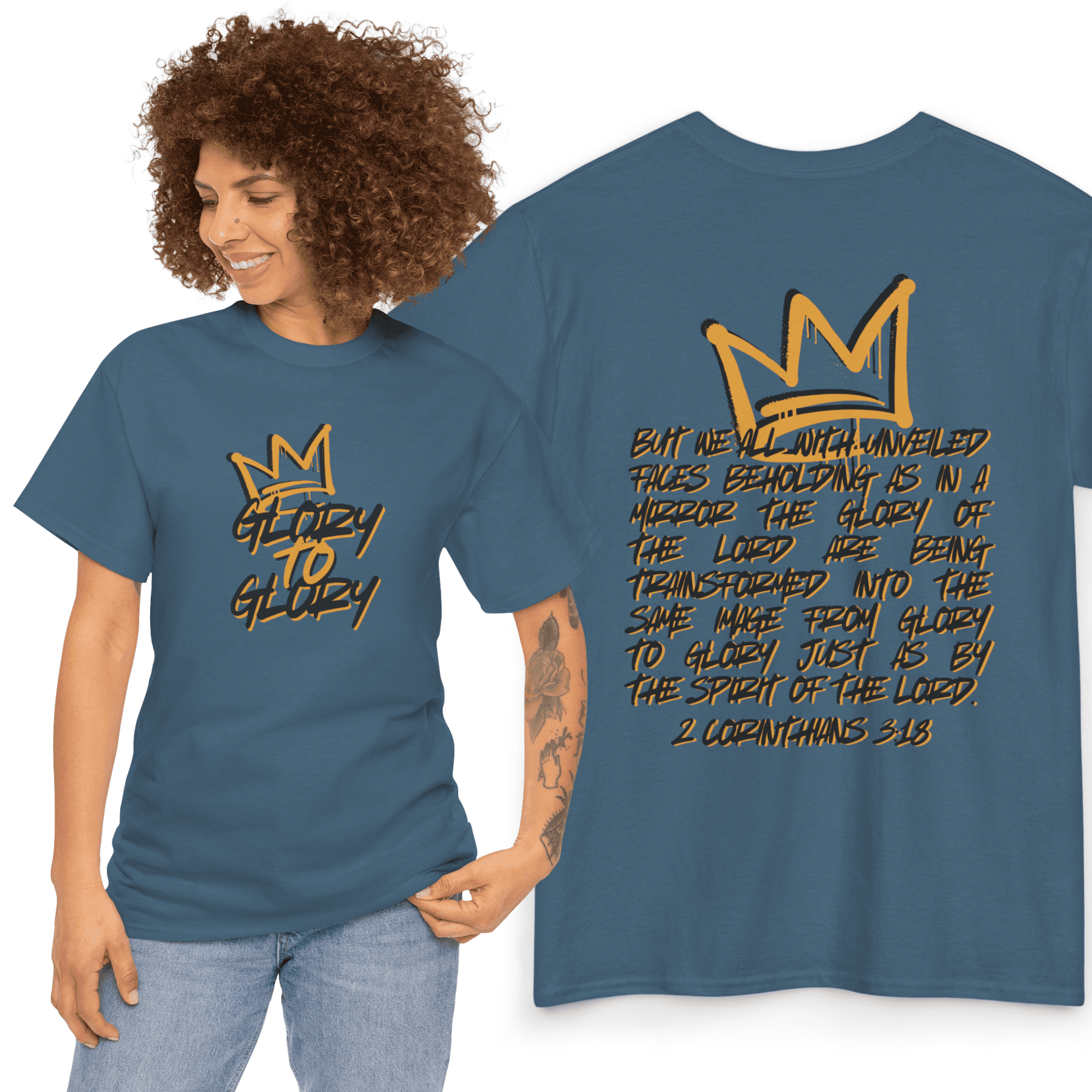 Glory to Glory Bible verse shirt featuring a crown design and inspirational text on a blue background