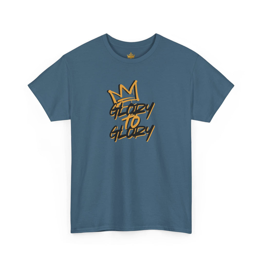 Glory to Glory Bible verse shirt in blue with a modern crown design and bold lettering