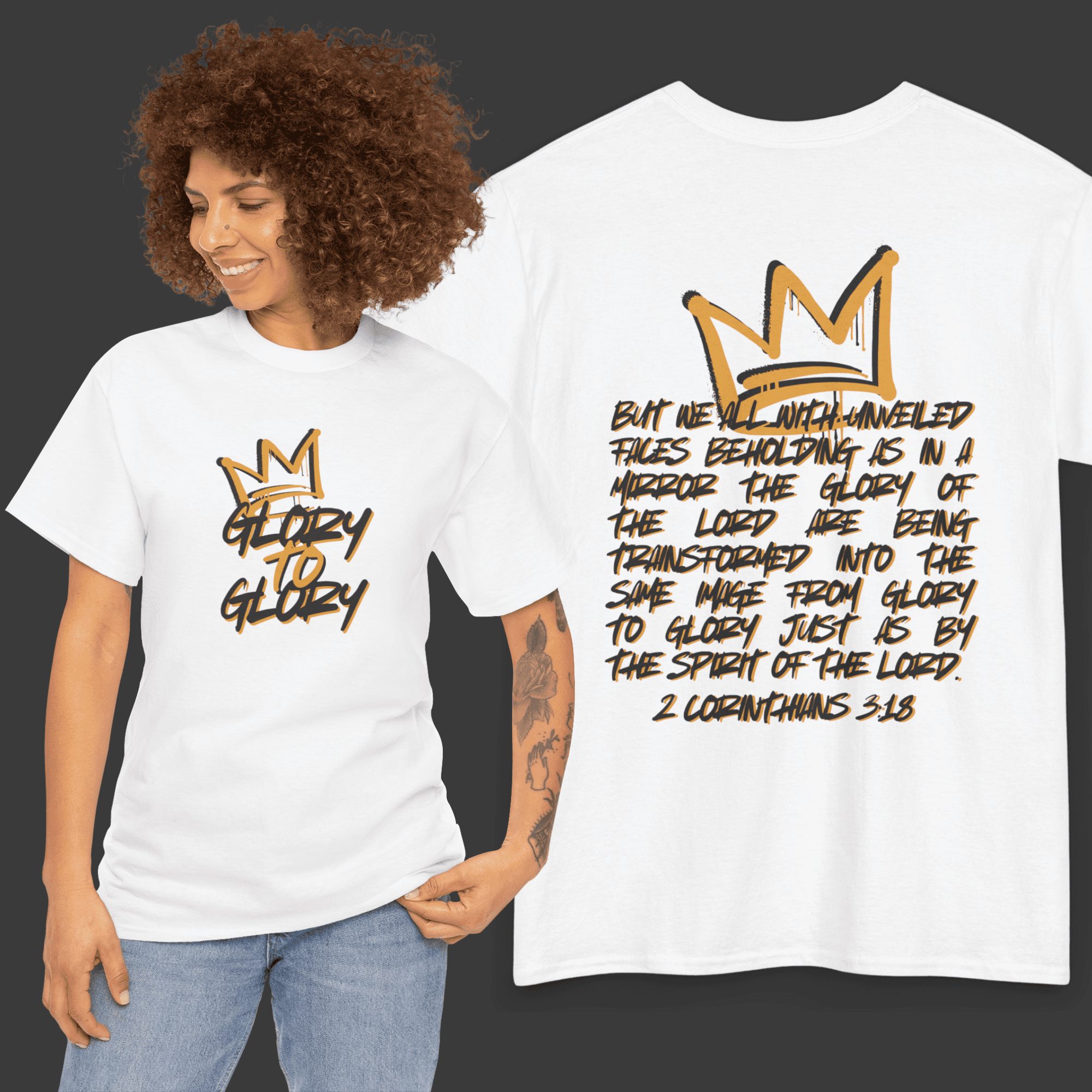 Glory to Glory Bible verse shirt featuring a crown design and inspirational text on a white t-shirt