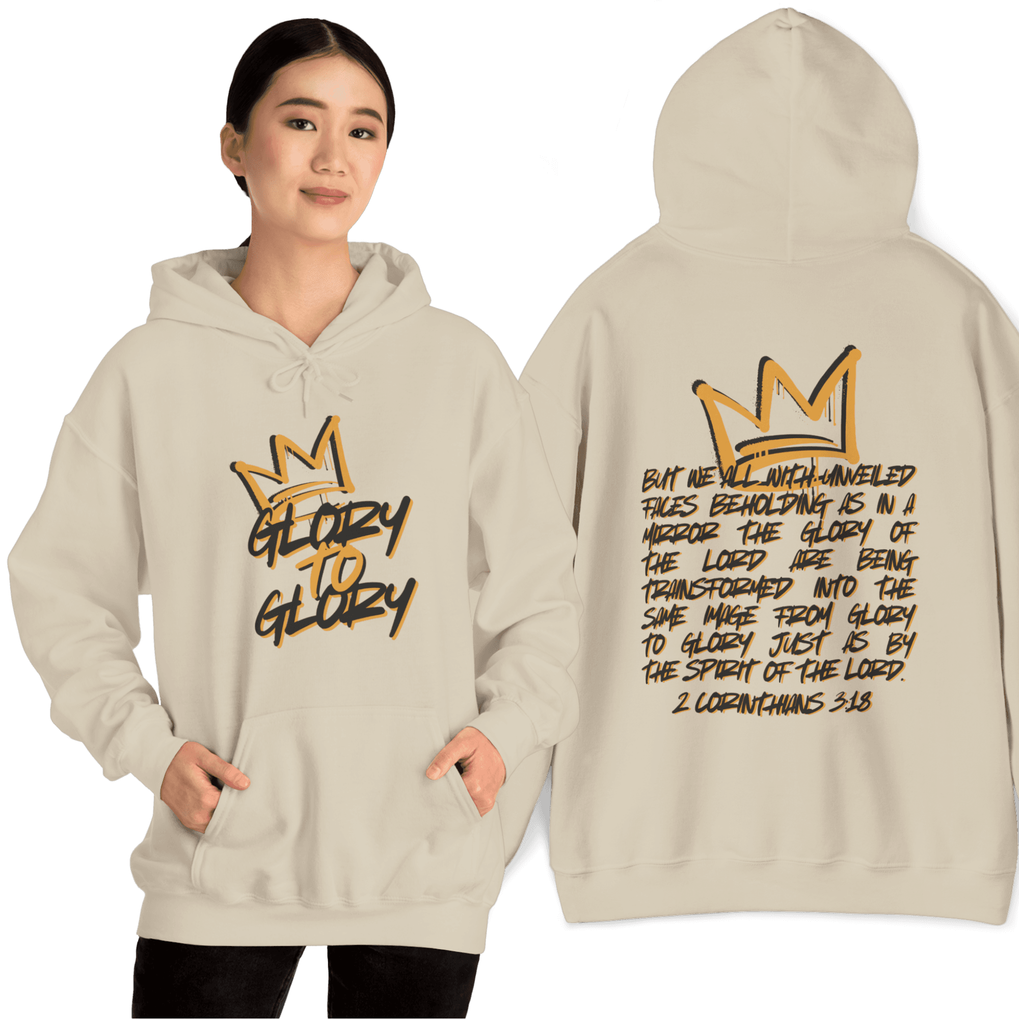 Hoodie featuring Glory to Glory scripture in gold on a cream background, front and back views