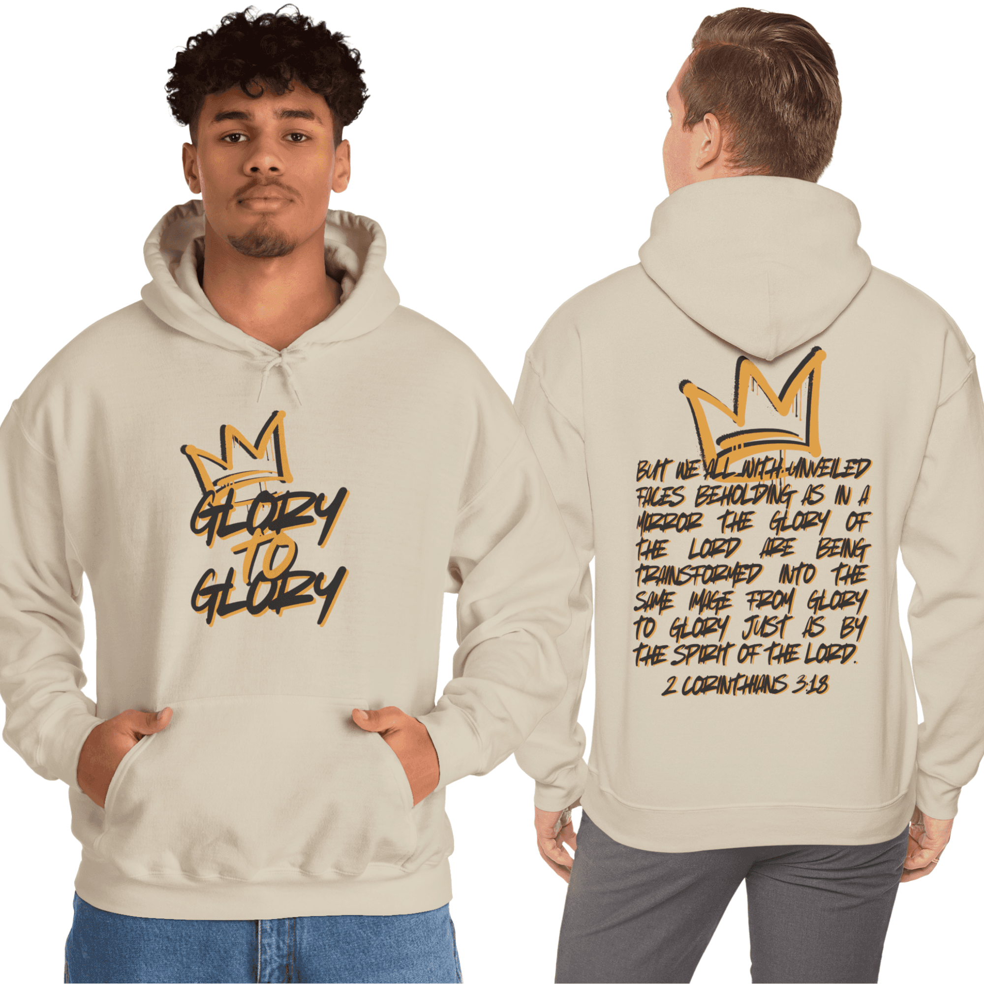 Hoodie featuring 'Glory to Glory' text with crown design in beige, front and back view with scripture