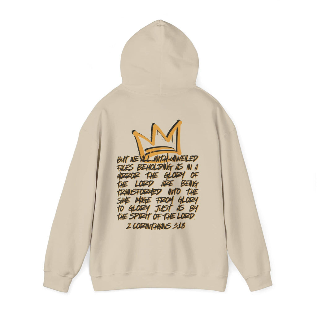 Hoodie with 'Glory to Glory' scripture on beige fabric, back view showcasing the design