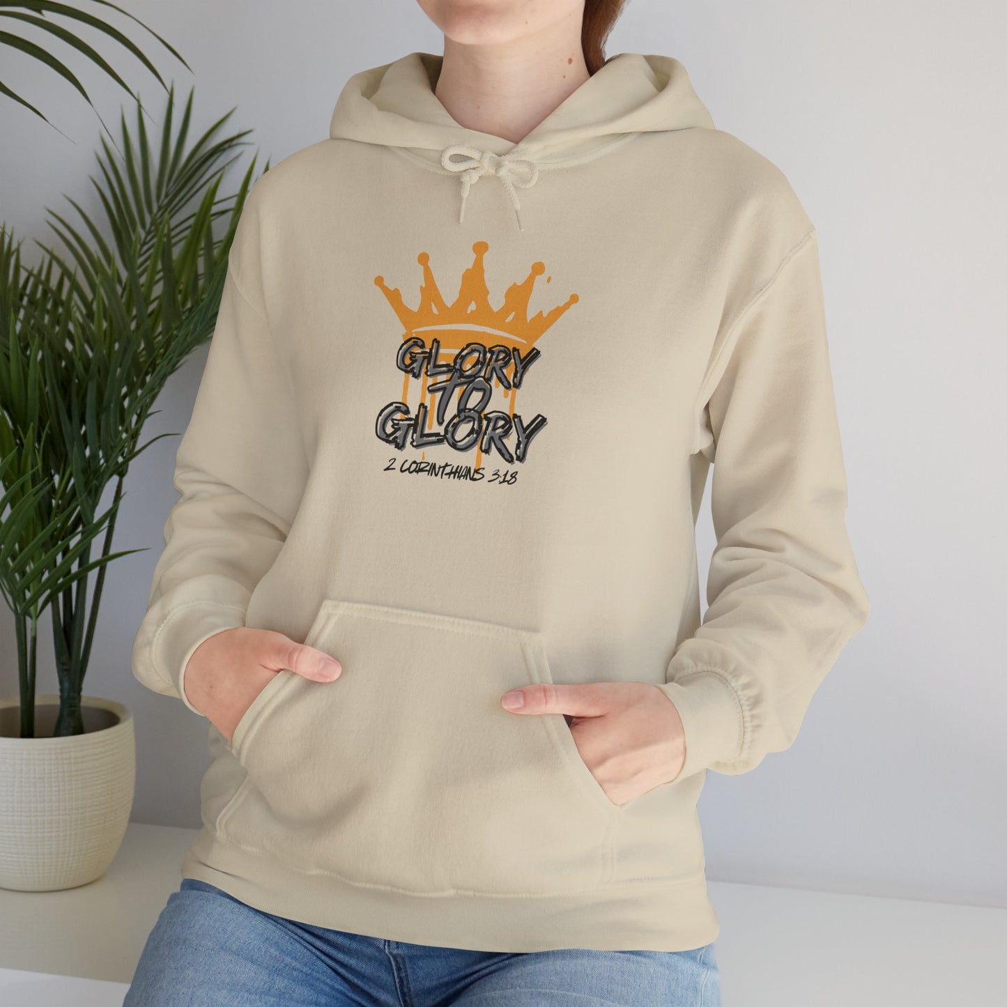 Glory to Glory hoodie beige with orange crown graphic and front pocket