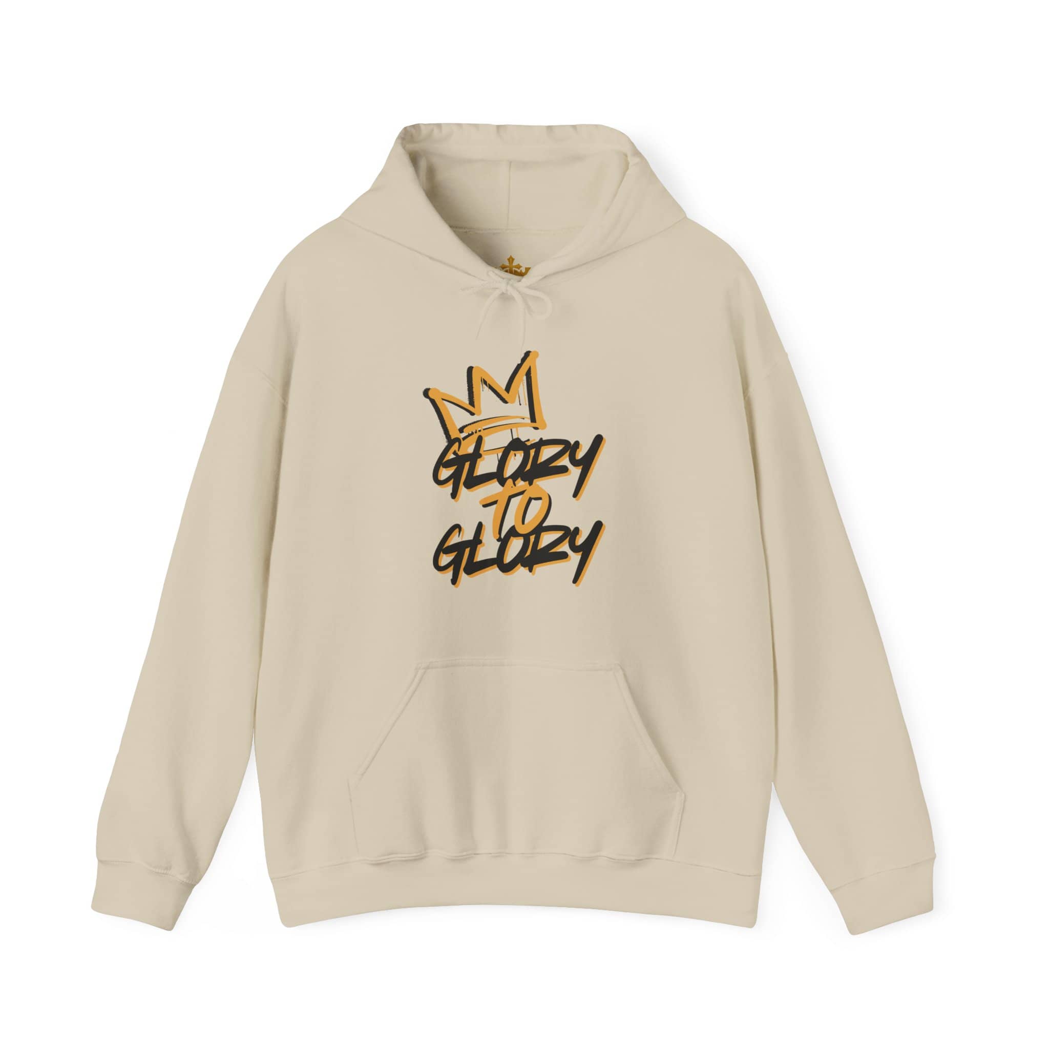Hoodie with 'Glory to Glory' phrase in black and gold, beige color, front view