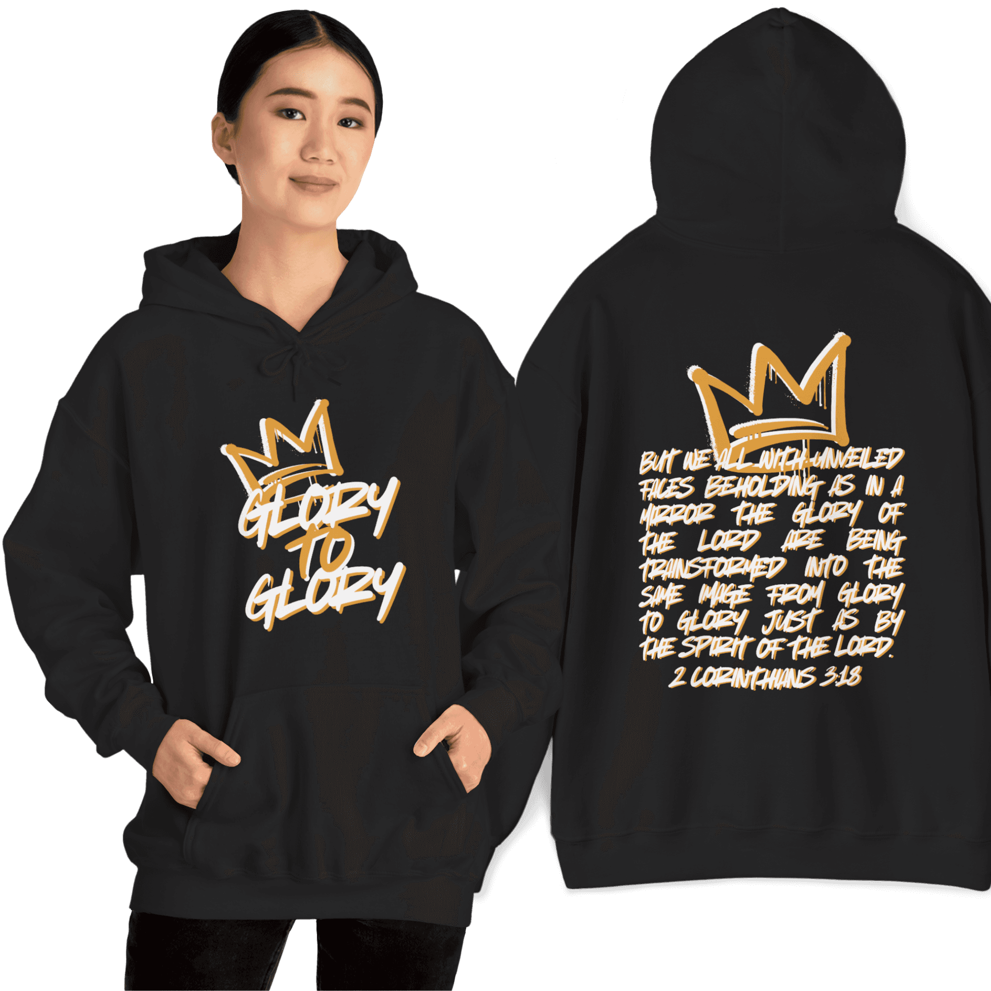 Hoodie with 'Glory to Glory' phrase in gold on a black background, front view showcasing design